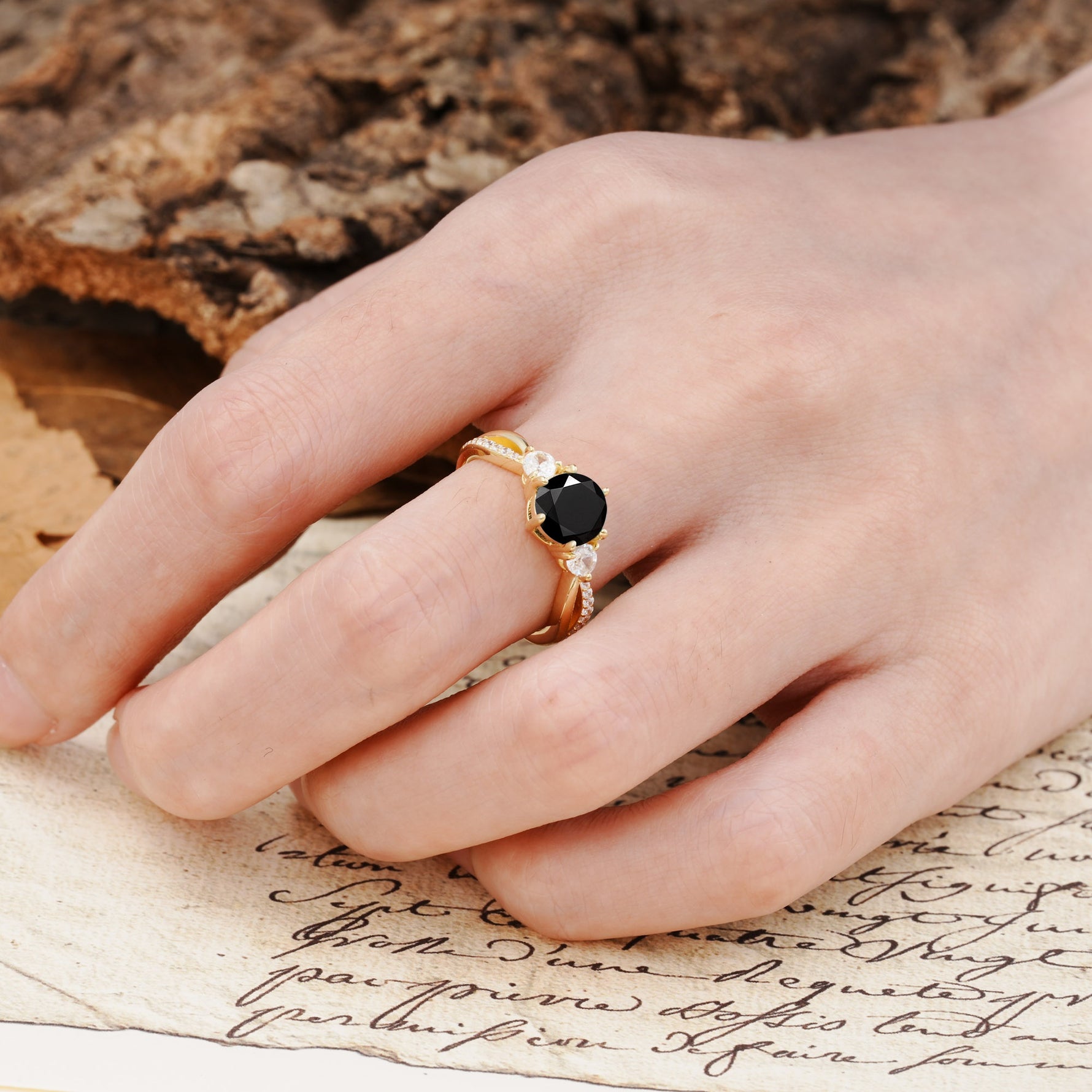 Unique Classic 6-Prong Round Cut Black OnyxTwo Stones Engagement Ring - Additional view