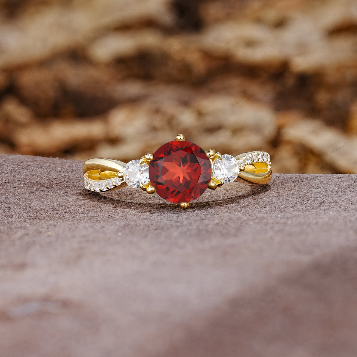 Unique Classic 6-Prong Round Cut GarnetTwo Stones Engagement Ring - Additional view