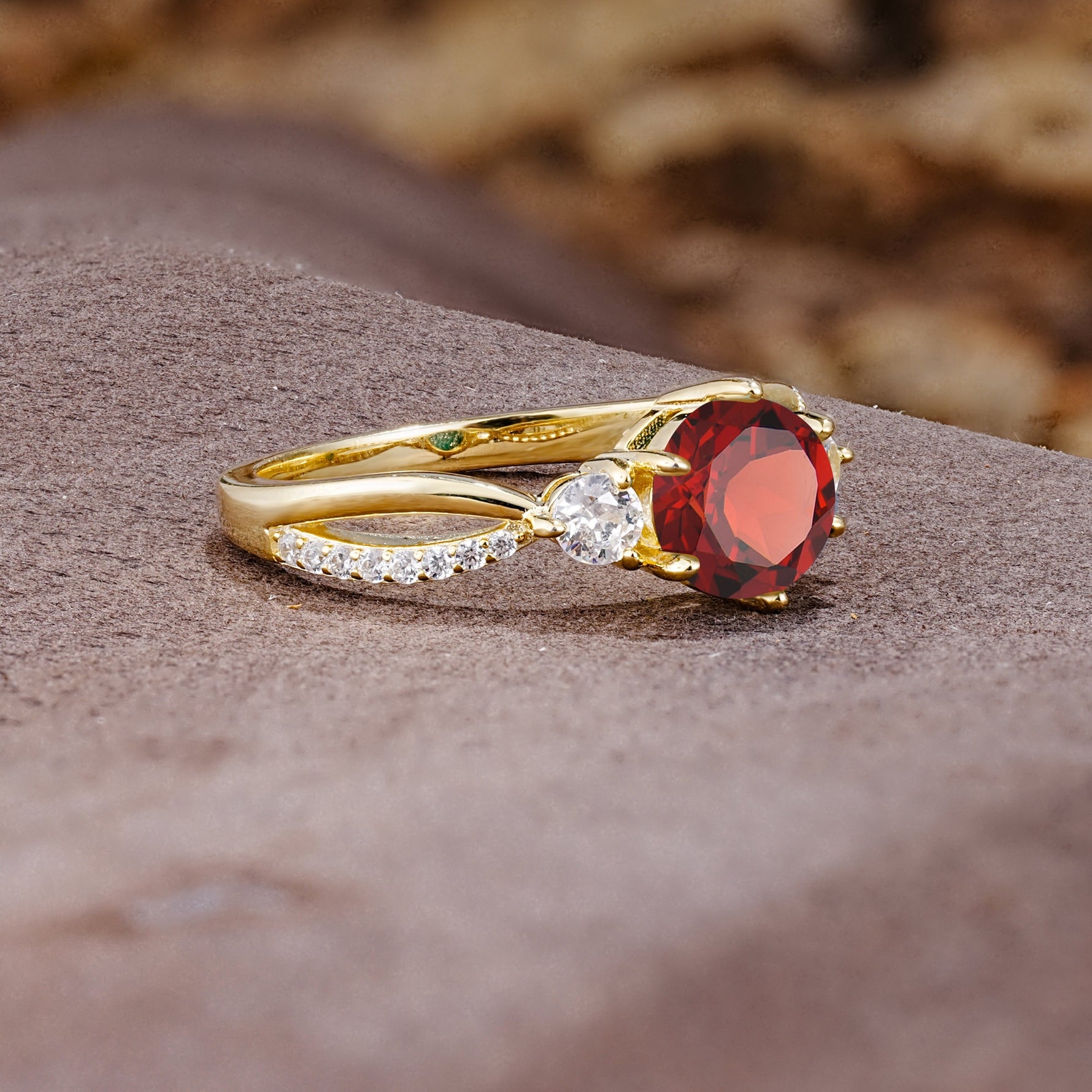 Unique Classic 6-Prong Round Cut GarnetTwo Stones Engagement Ring - Additional view