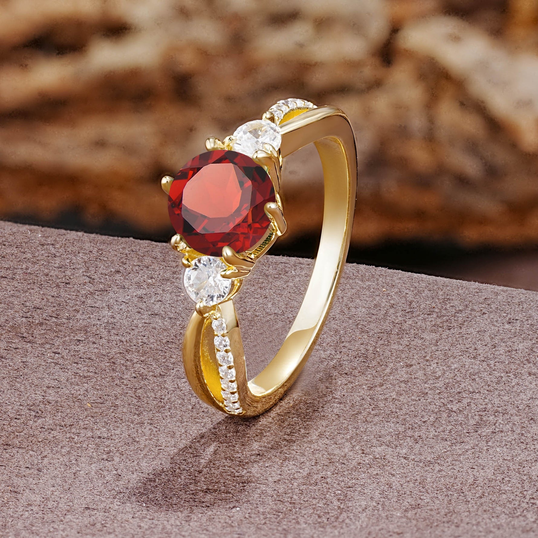 Unique Classic 6-Prong Round Cut GarnetTwo Stones Engagement Ring - Additional view