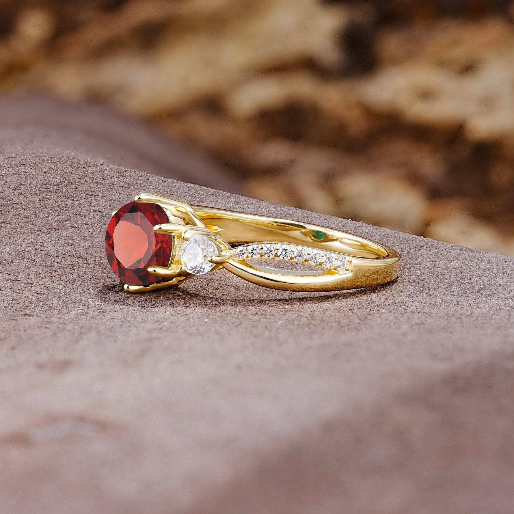 Unique Classic 6-Prong Round Cut GarnetTwo Stones Engagement Ring - Additional view