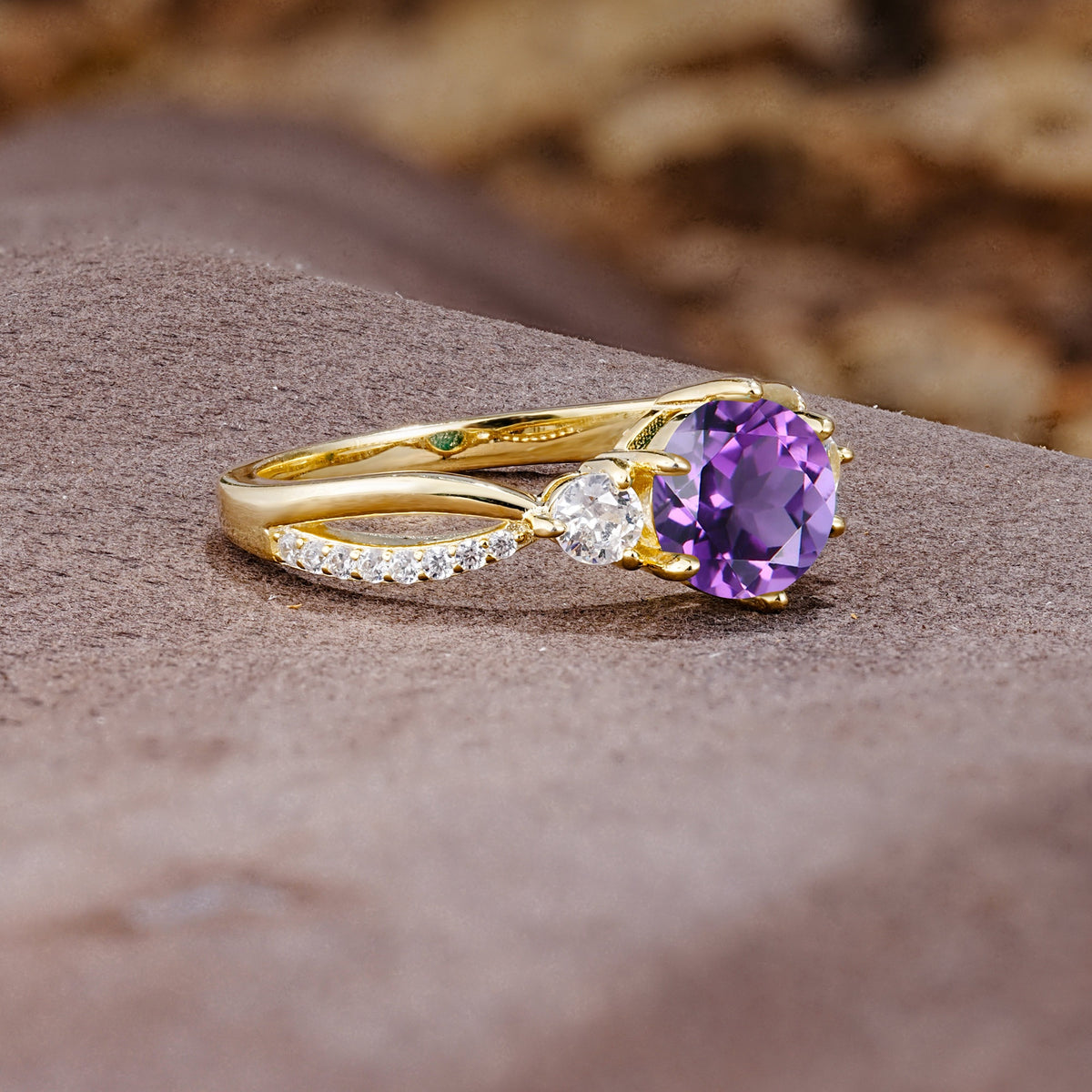 Unique Classic 6-Prong Round Cut AmethystTwo Stones Engagement Ring - Additional view