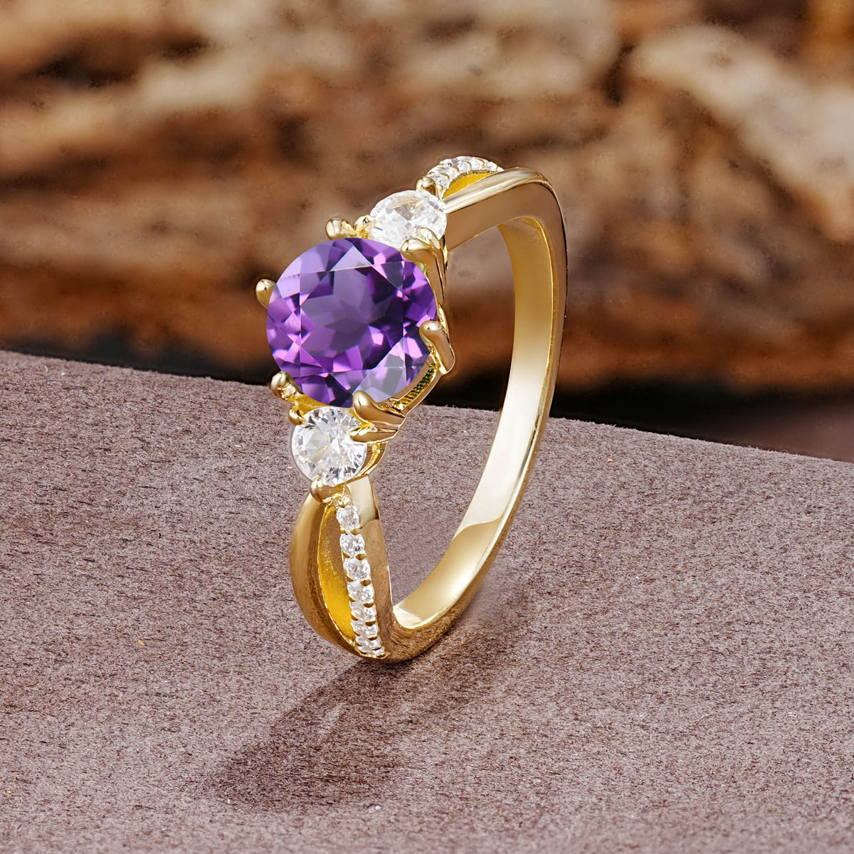 Unique Classic 6-Prong Round Cut AmethystTwo Stones Engagement Ring - Additional view