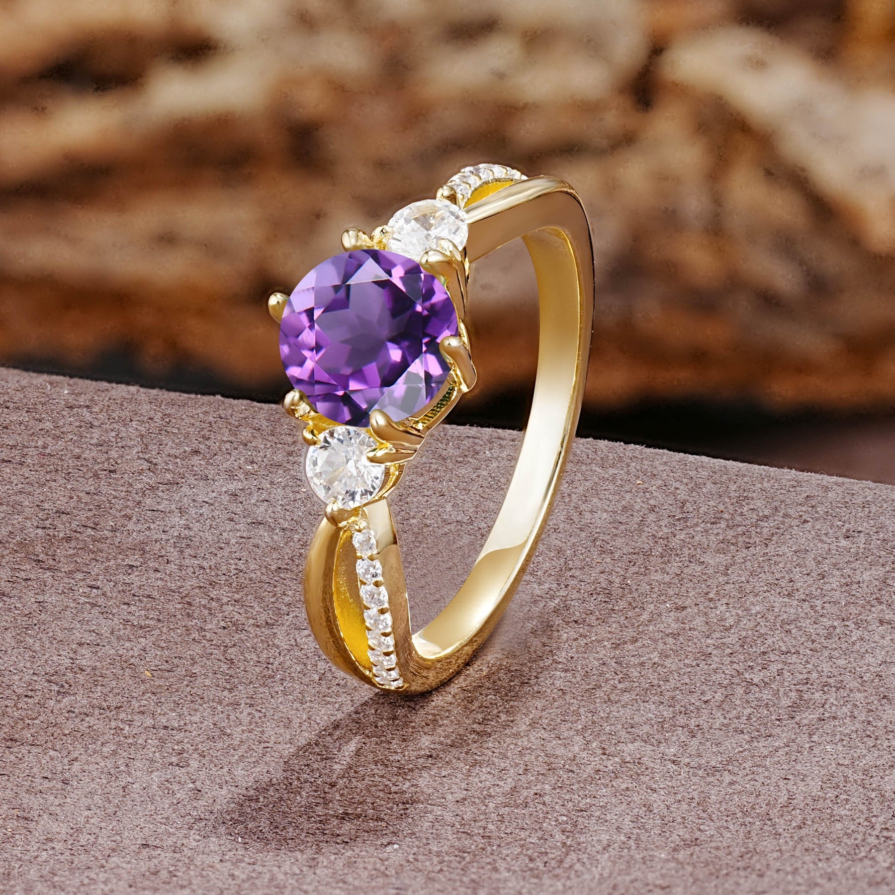 Unique Classic 6-Prong Round Cut AmethystTwo Stones Engagement Ring - Additional view