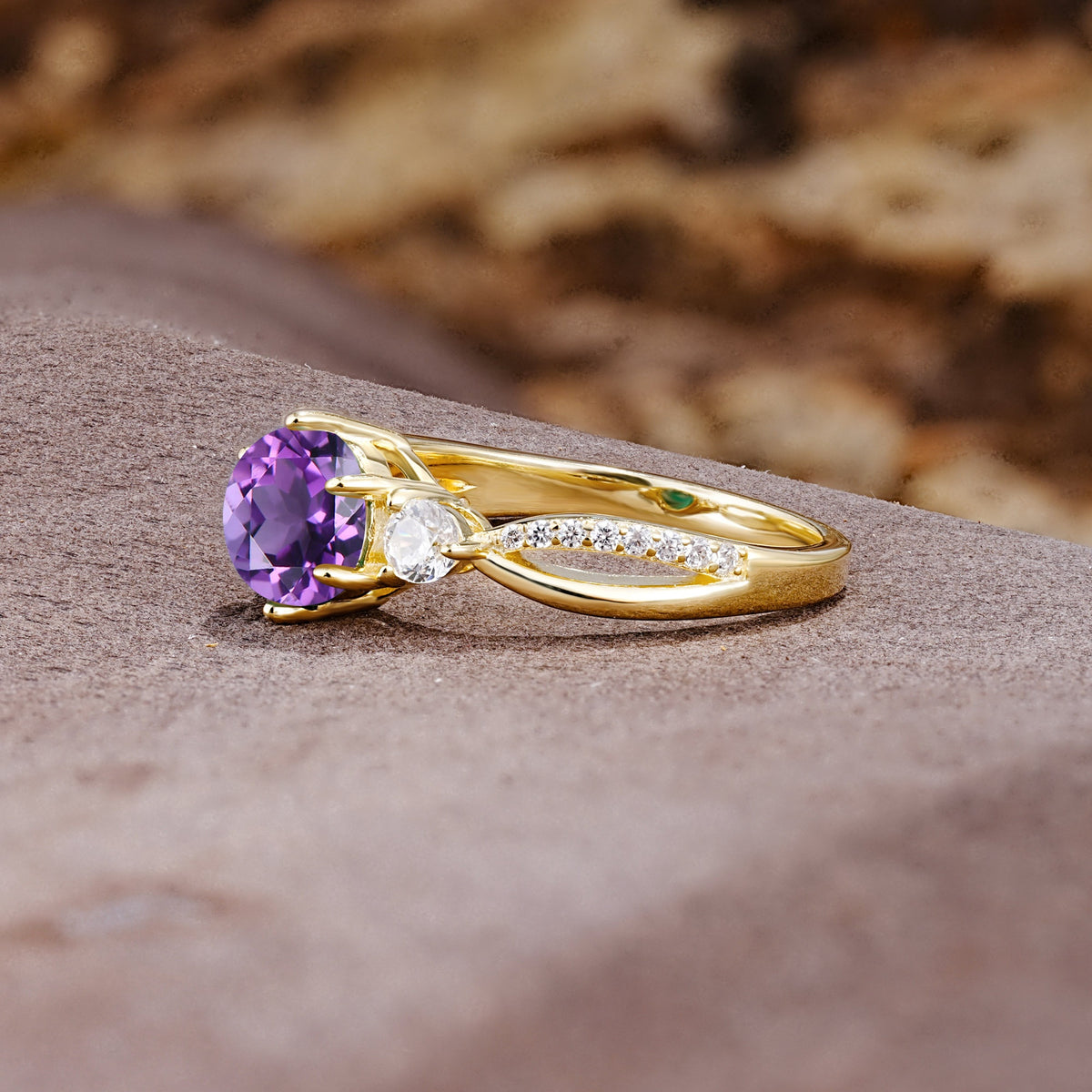 Unique Classic 6-Prong Round Cut AmethystTwo Stones Engagement Ring - Additional view