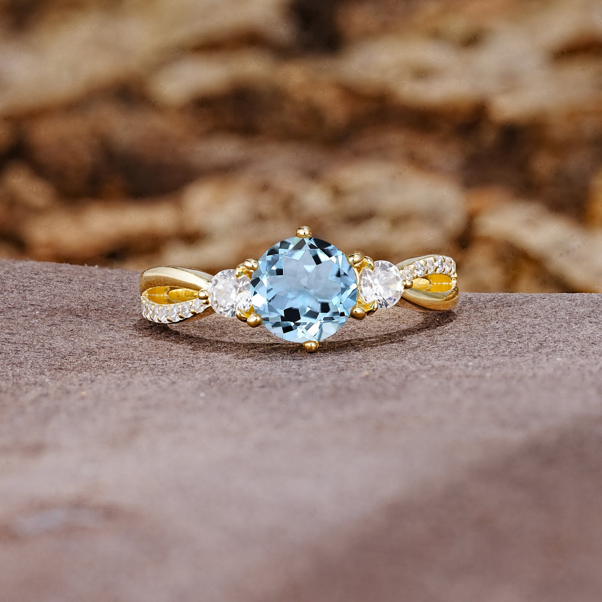 Unique Classic 6-Prong Round Cut AquamarineTwo Stones Engagement Ring - Additional view