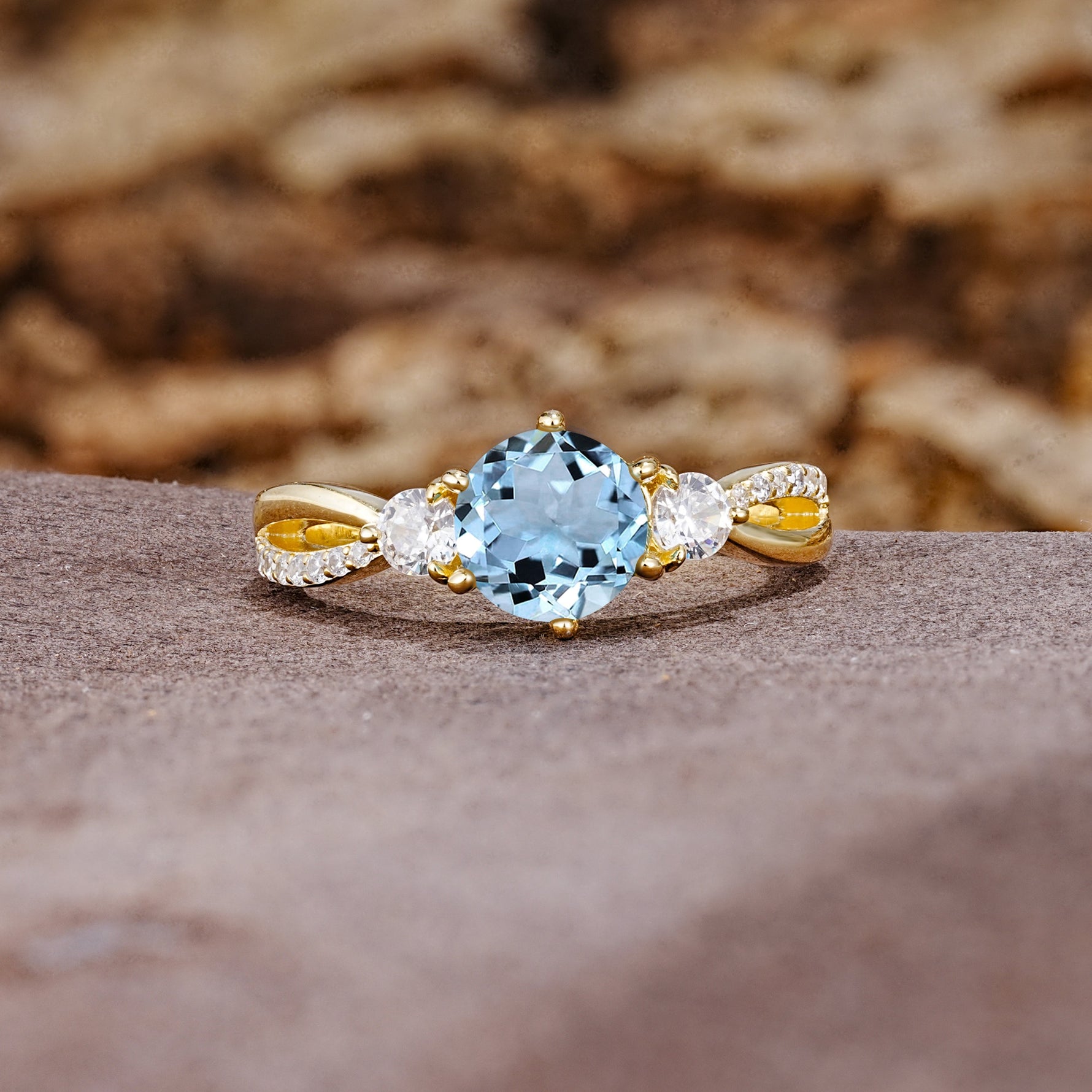Unique Classic 6-Prong Round Cut AquamarineTwo Stones Engagement Ring - Additional view