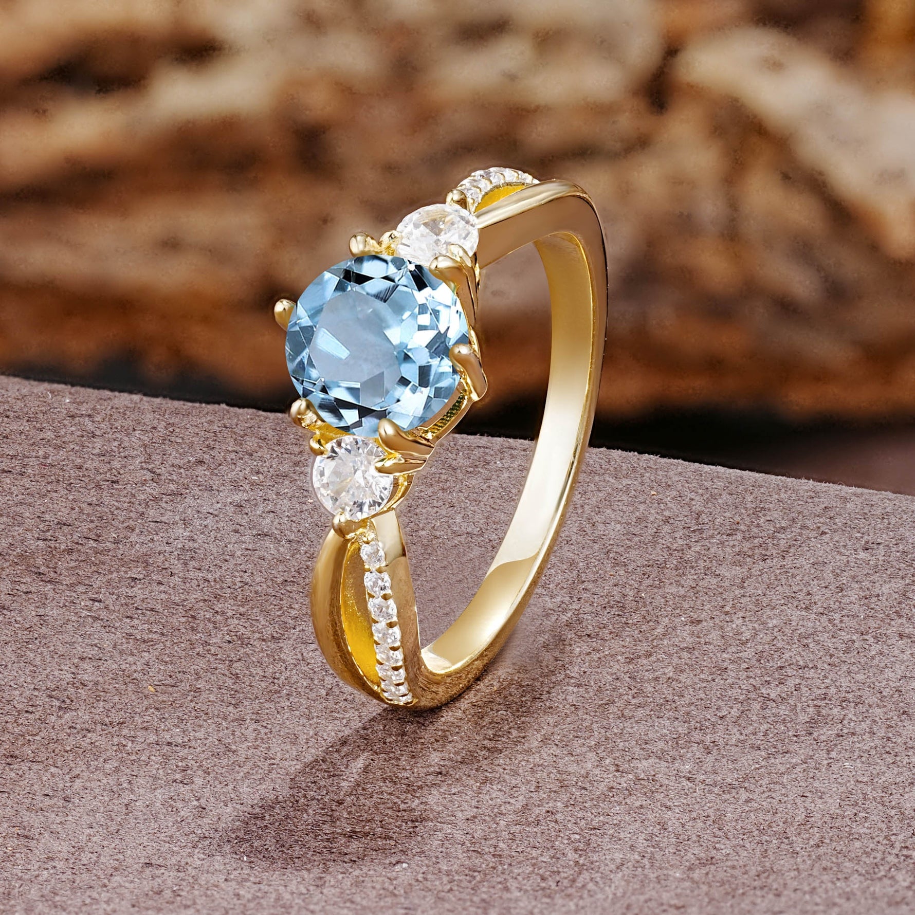 Unique Classic 6-Prong Round Cut AquamarineTwo Stones Engagement Ring - Additional view