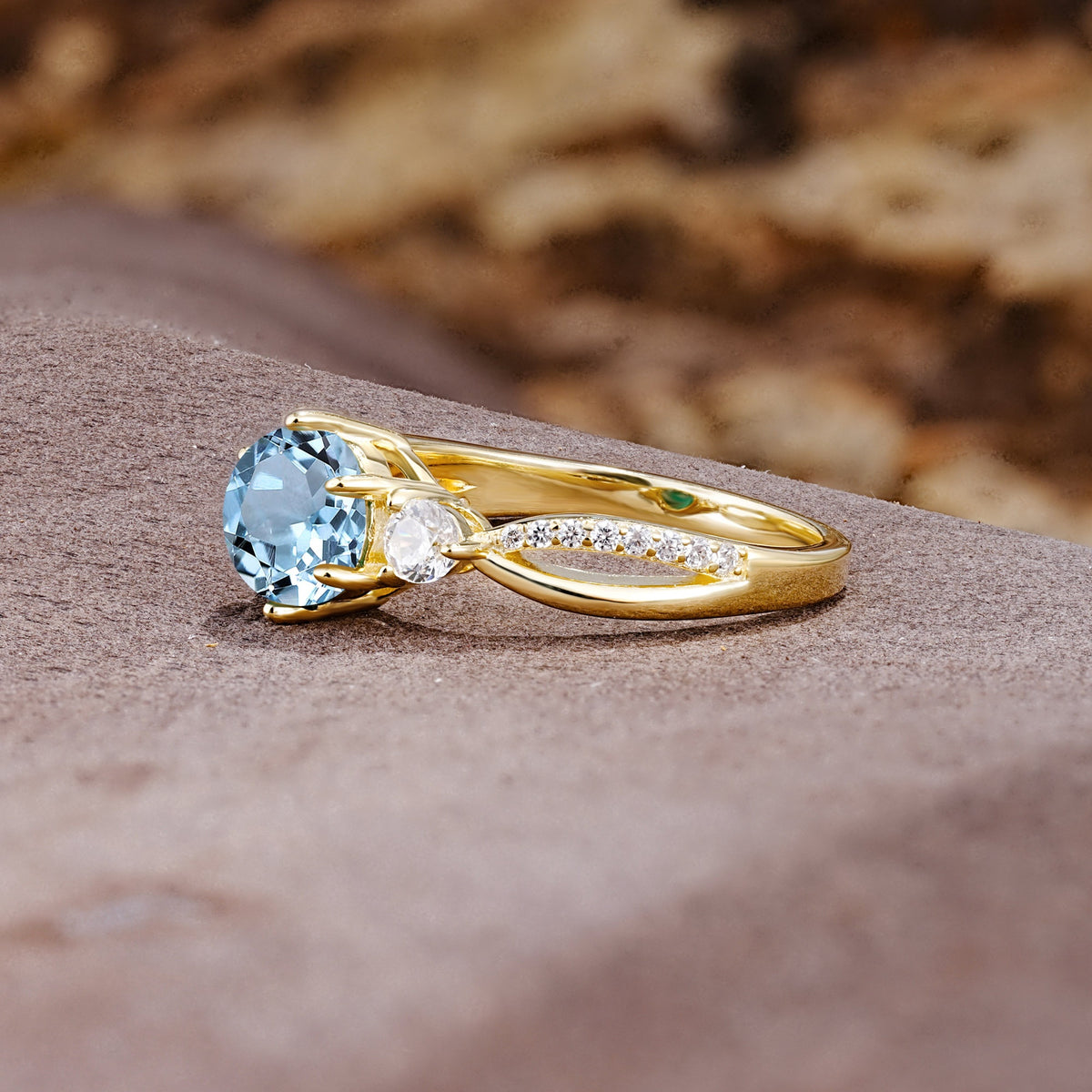 Unique Classic 6-Prong Round Cut AquamarineTwo Stones Engagement Ring - Additional view