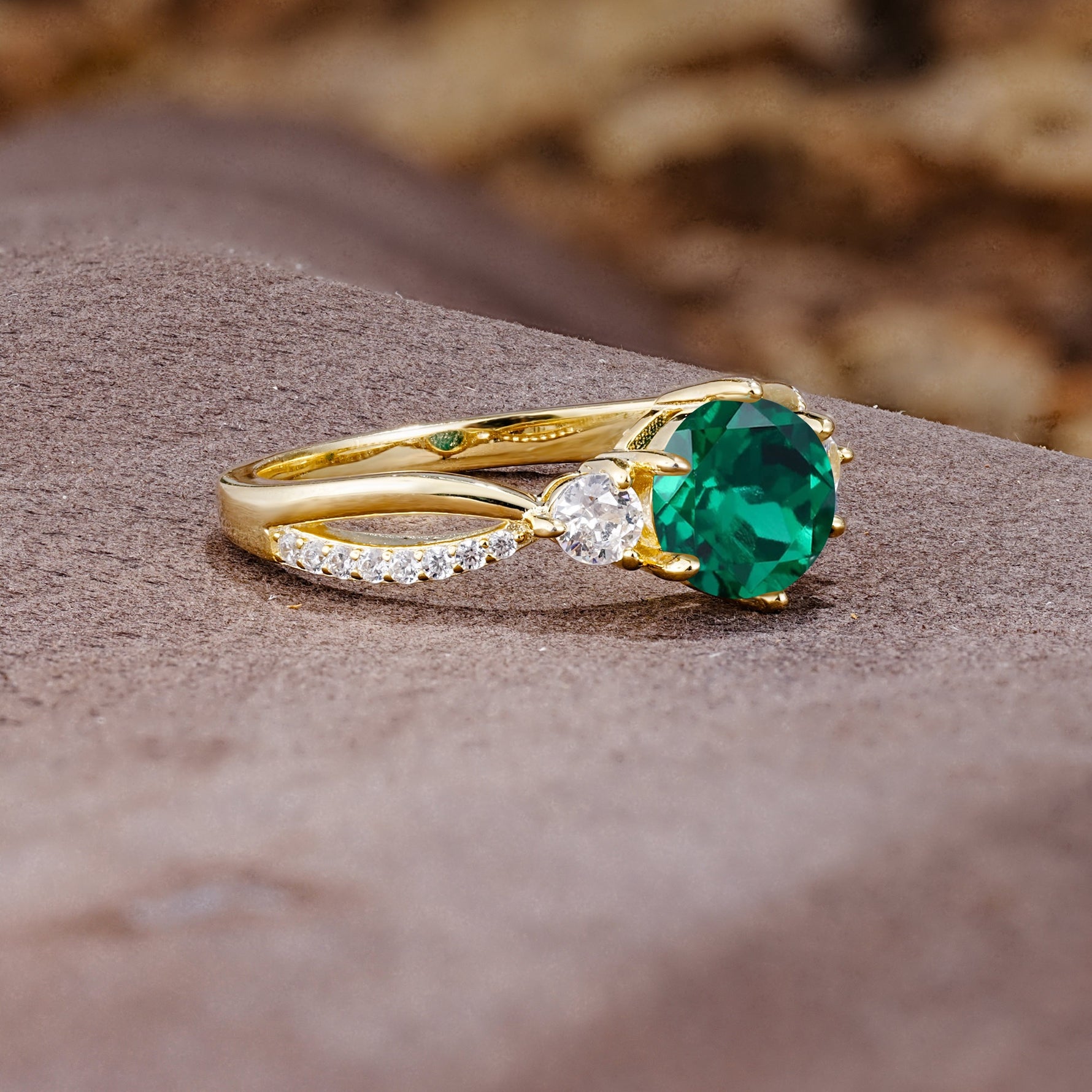 Unique Classic 6-Prong Round Cut EmeraldTwo Stones Engagement Ring - Additional view