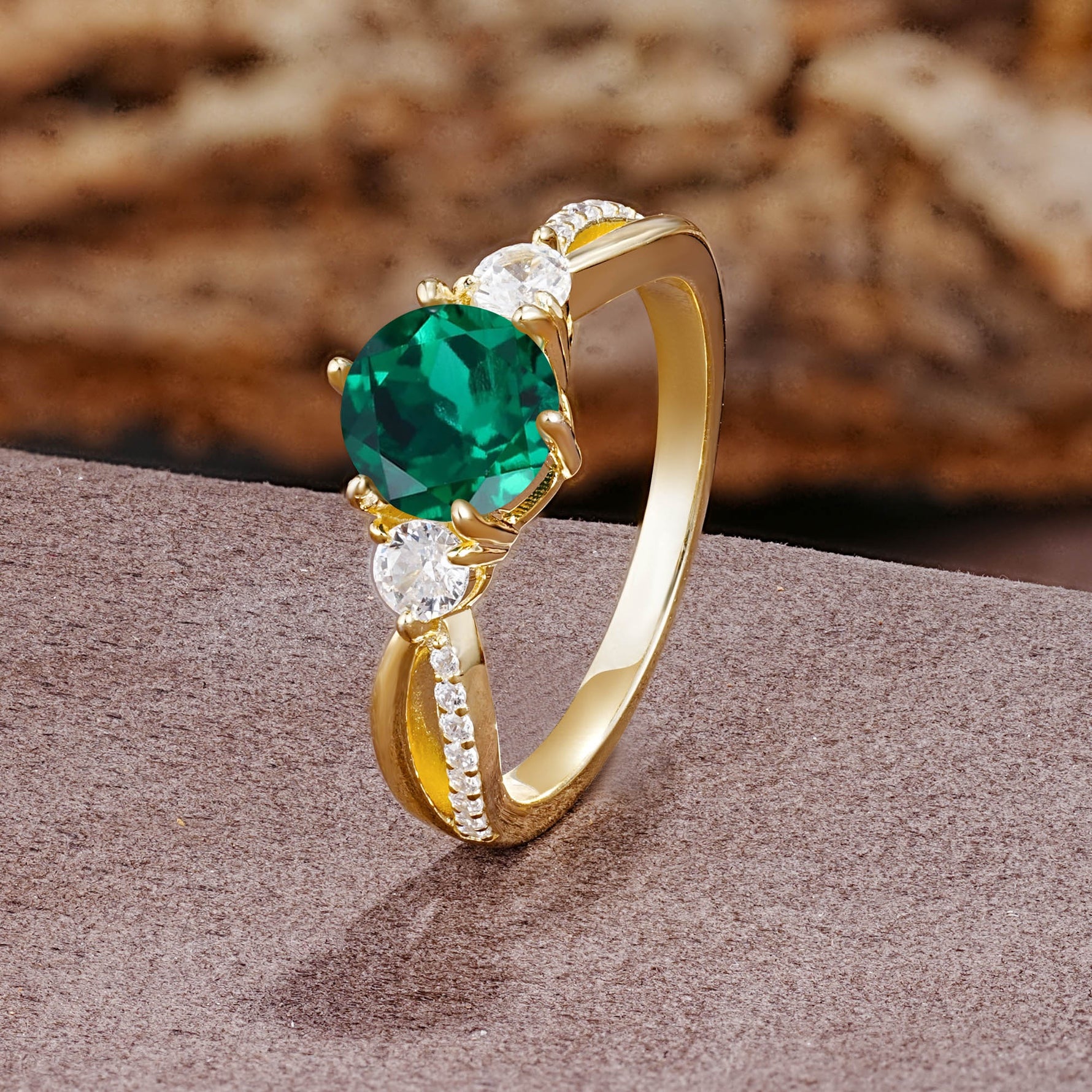 Unique Classic 6-Prong Round Cut EmeraldTwo Stones Engagement Ring - Additional view