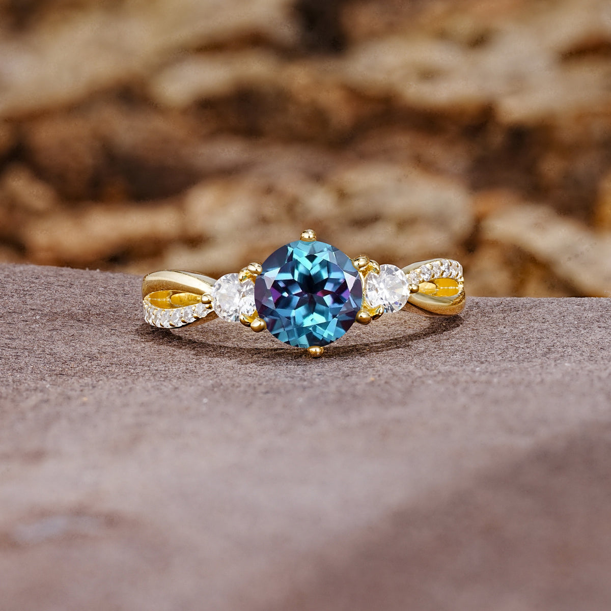 Unique Classic 6-Prong Round Cut AlexandriteTwo Stones Engagement Ring - Additional view
