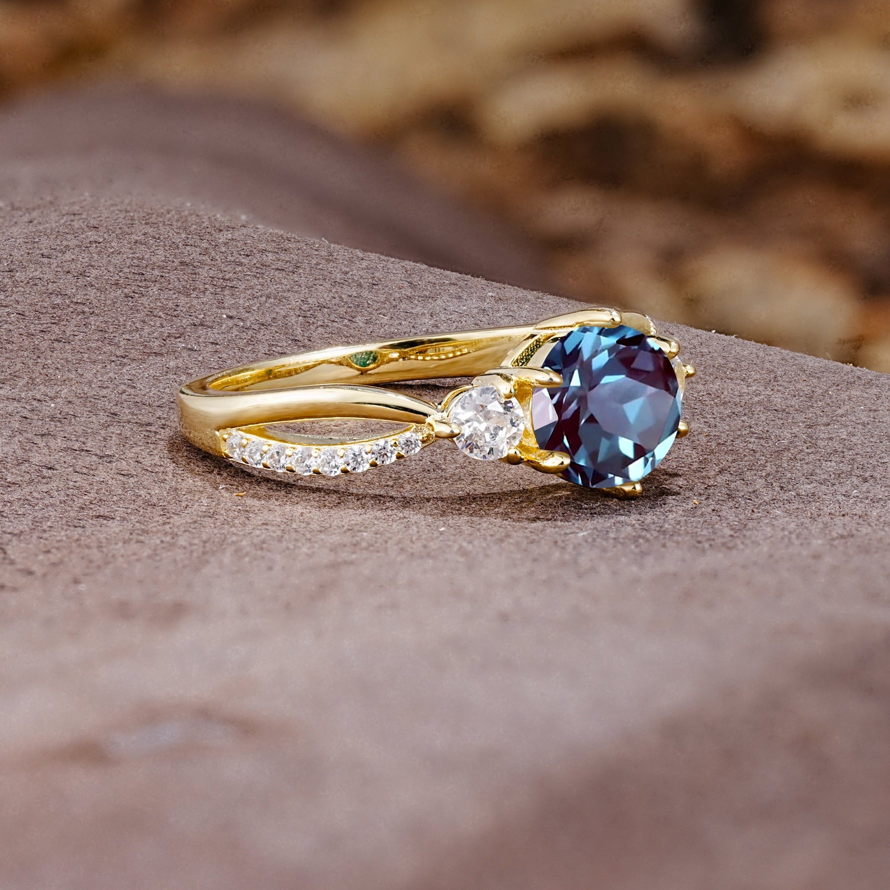 Unique Classic 6-Prong Round Cut AlexandriteTwo Stones Engagement Ring - Additional view