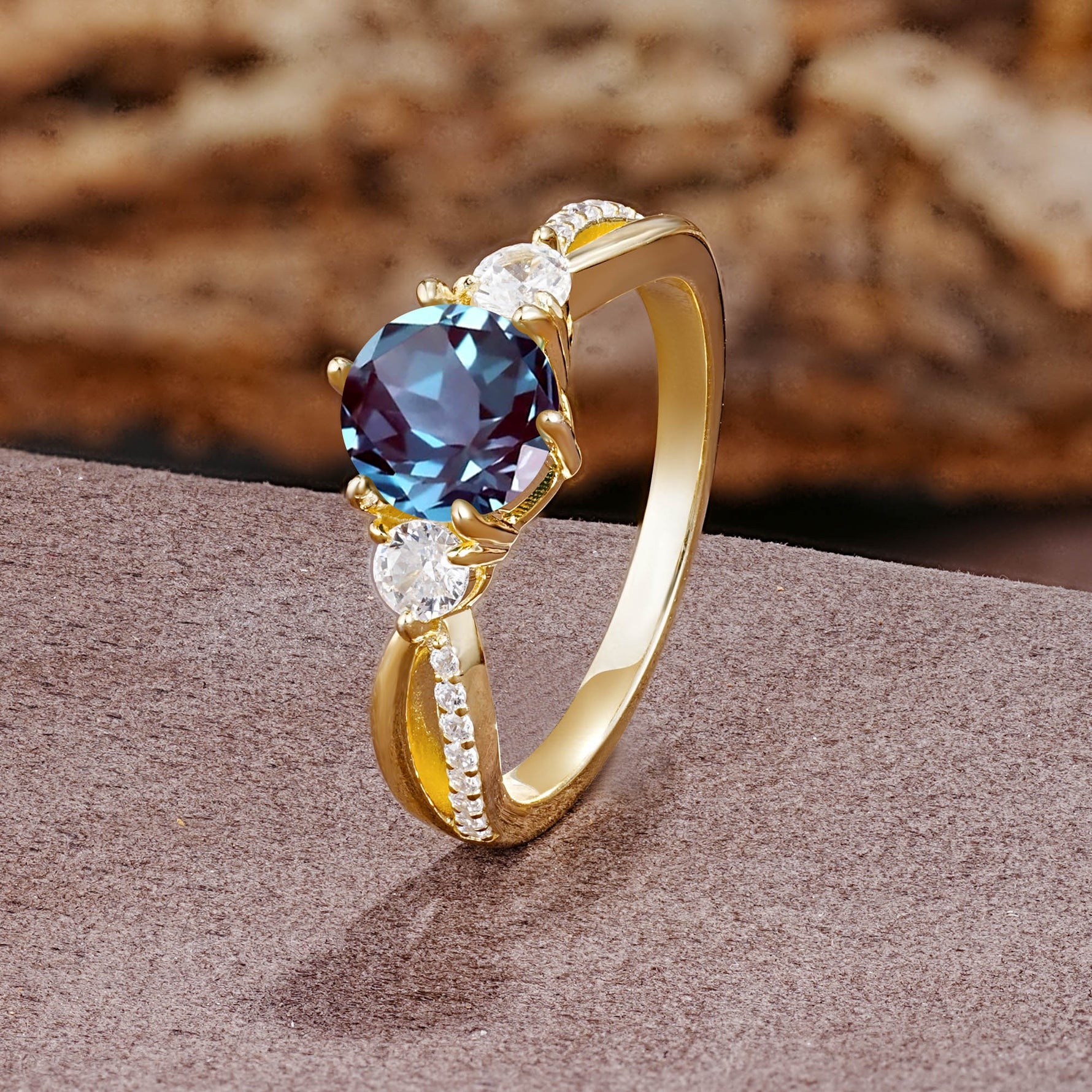 Unique Classic 6-Prong Round Cut AlexandriteTwo Stones Engagement Ring - Additional view