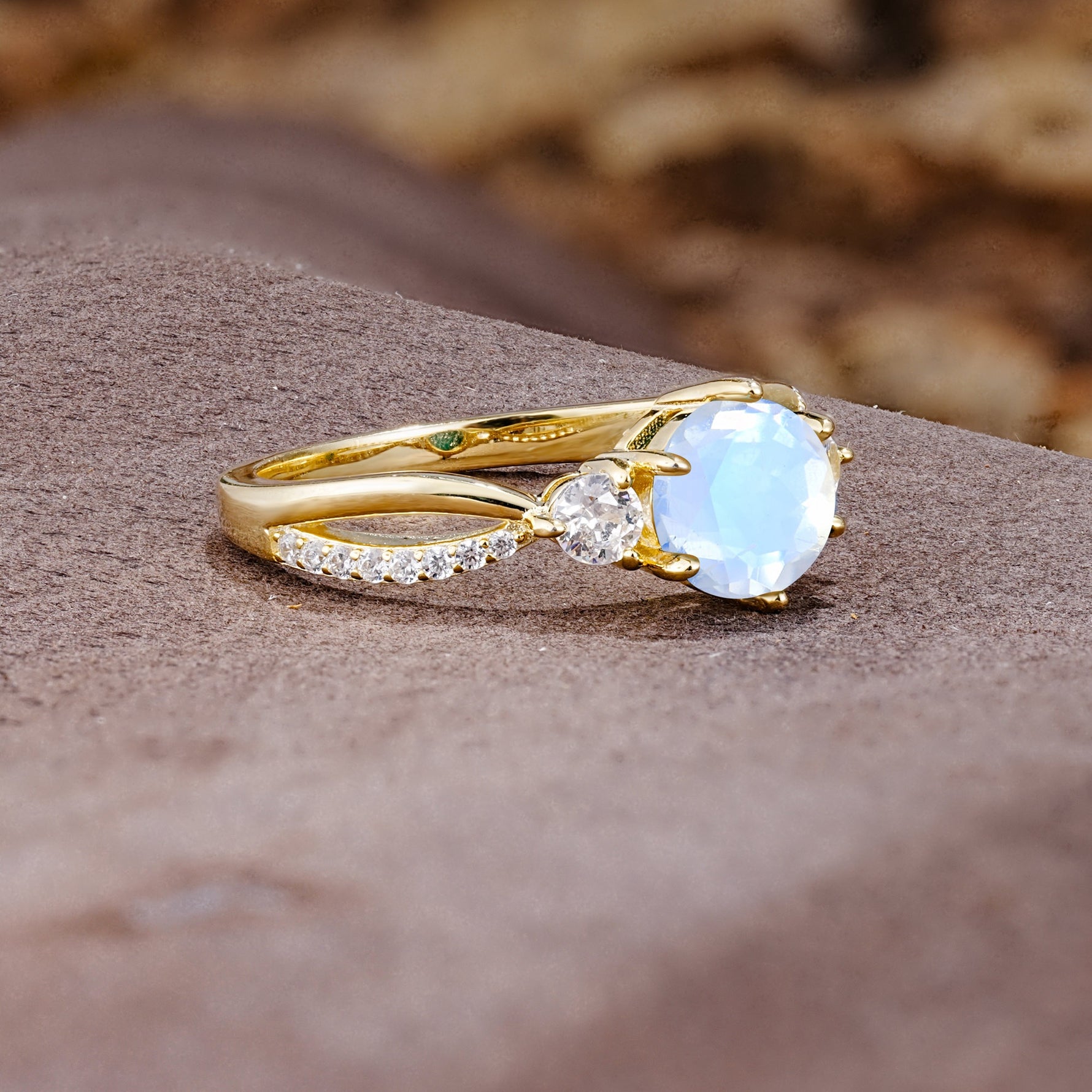 Unique Classic 6-Prong Round Cut MoonstoneTwo Stones Engagement Ring - Additional view
