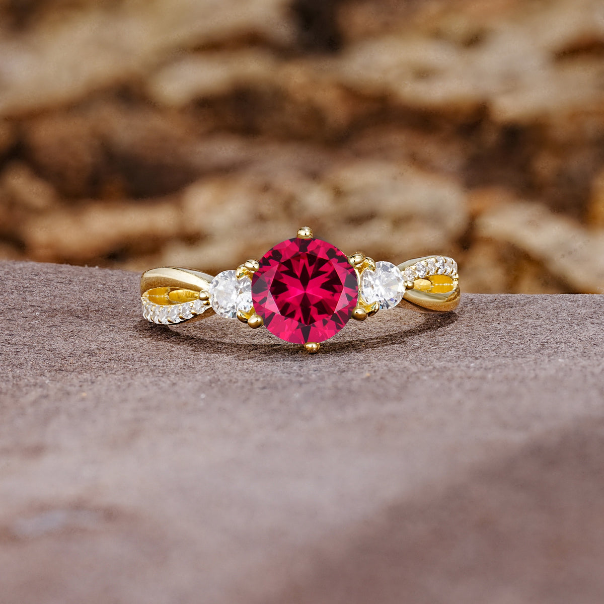 Unique Classic 6-Prong Round Cut RubyTwo Stones Engagement Ring - Additional view