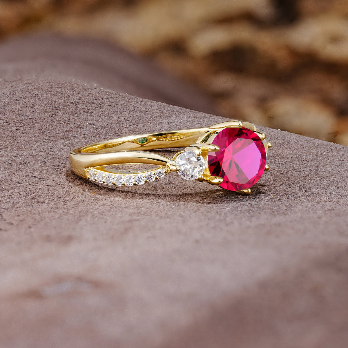 Unique Classic 6-Prong Round Cut RubyTwo Stones Engagement Ring - Additional view