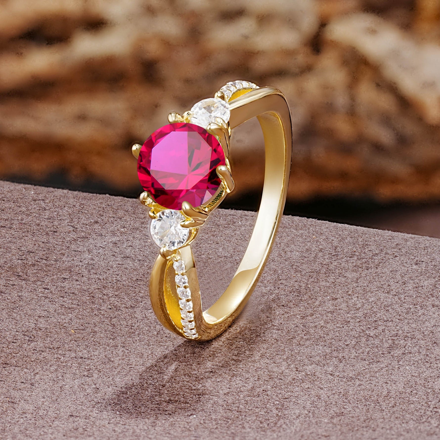 Unique Classic 6-Prong Round Cut RubyTwo Stones Engagement Ring - Additional view