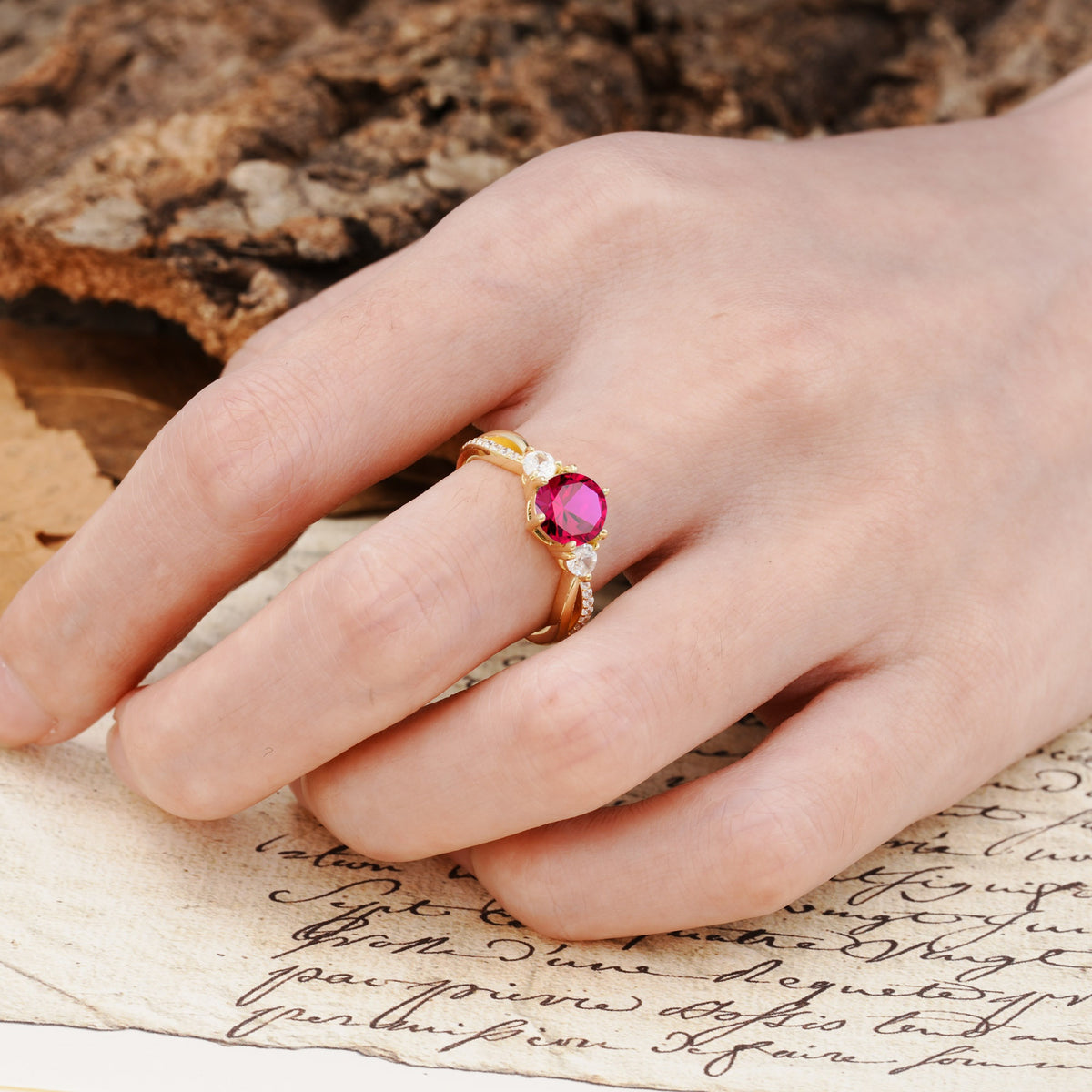 Unique Classic 6-Prong Round Cut RubyTwo Stones Engagement Ring - Additional view
