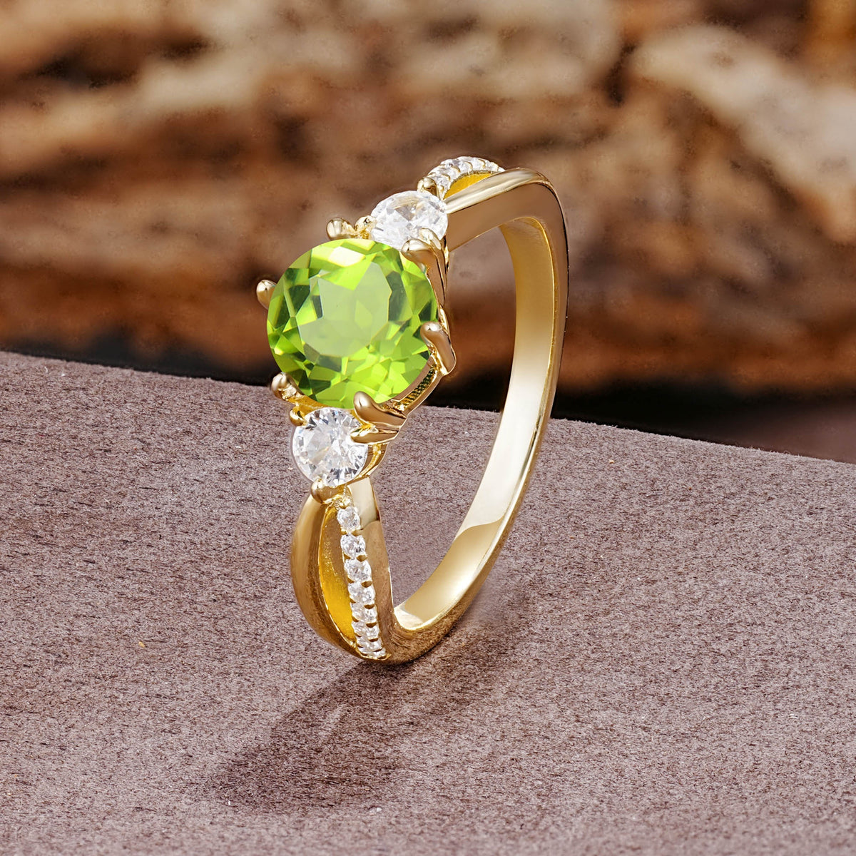 Unique Classic 6-Prong Round Cut PeridotTwo Stones Engagement Ring - Additional view