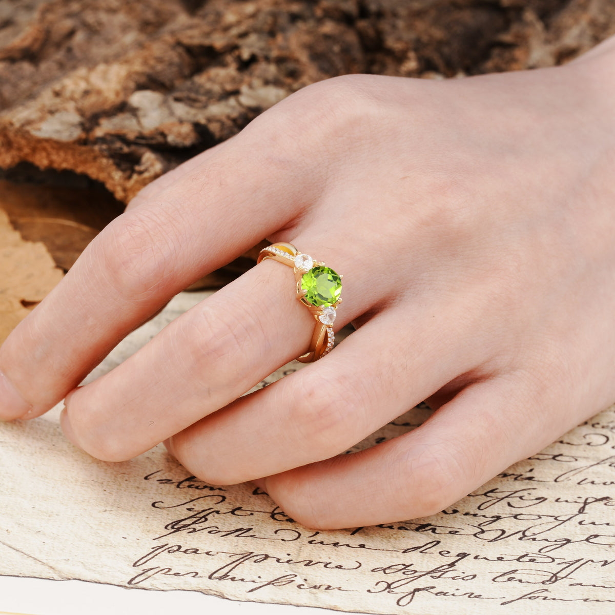 Unique Classic 6-Prong Round Cut PeridotTwo Stones Engagement Ring - Additional view