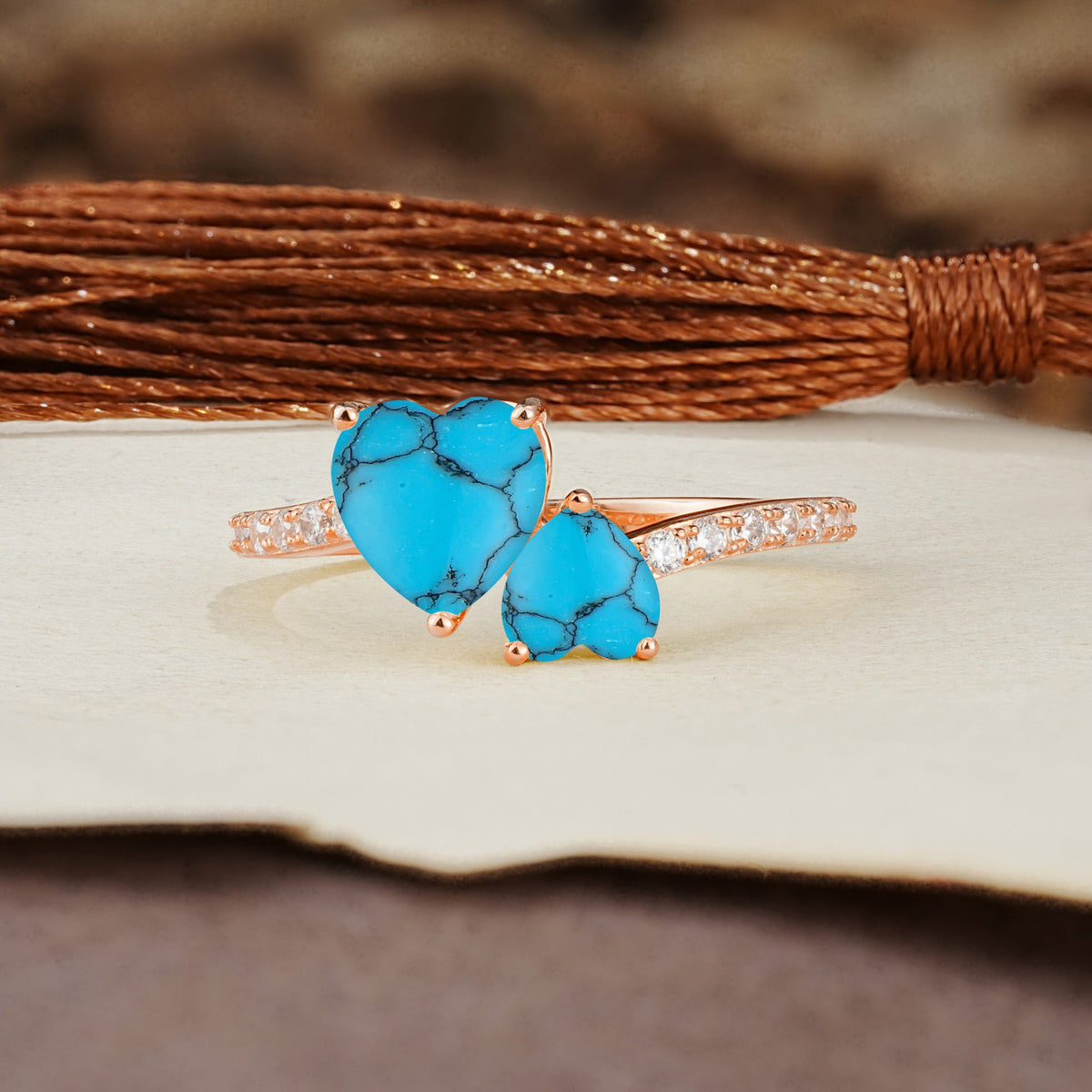 Unique Classic 3-Prong Heart Cut TurquoiseTwo Stones Engagement Ring - Additional view