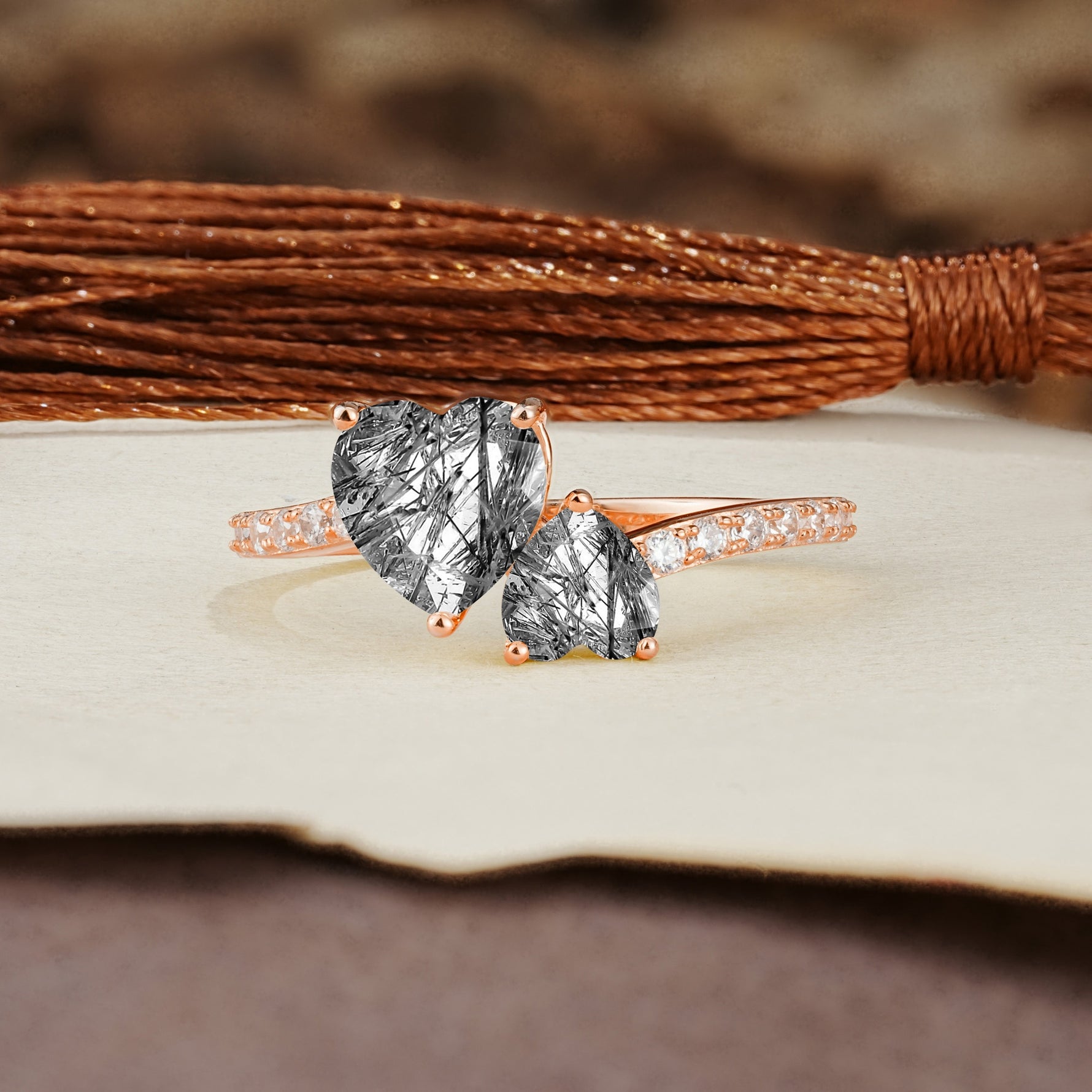 Unique Classic 3-Prong Heart Cut Black Rutilated QuartzTwo Stones Engagement Ring - Additional view