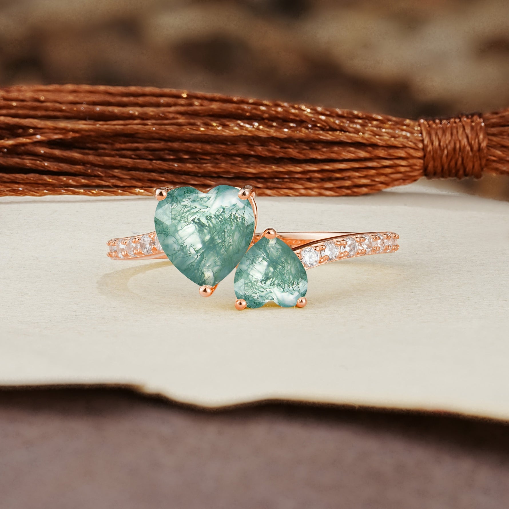 Unique Classic 3-Prong Heart Cut Moss AgateTwo Stones Engagement Ring - Additional view