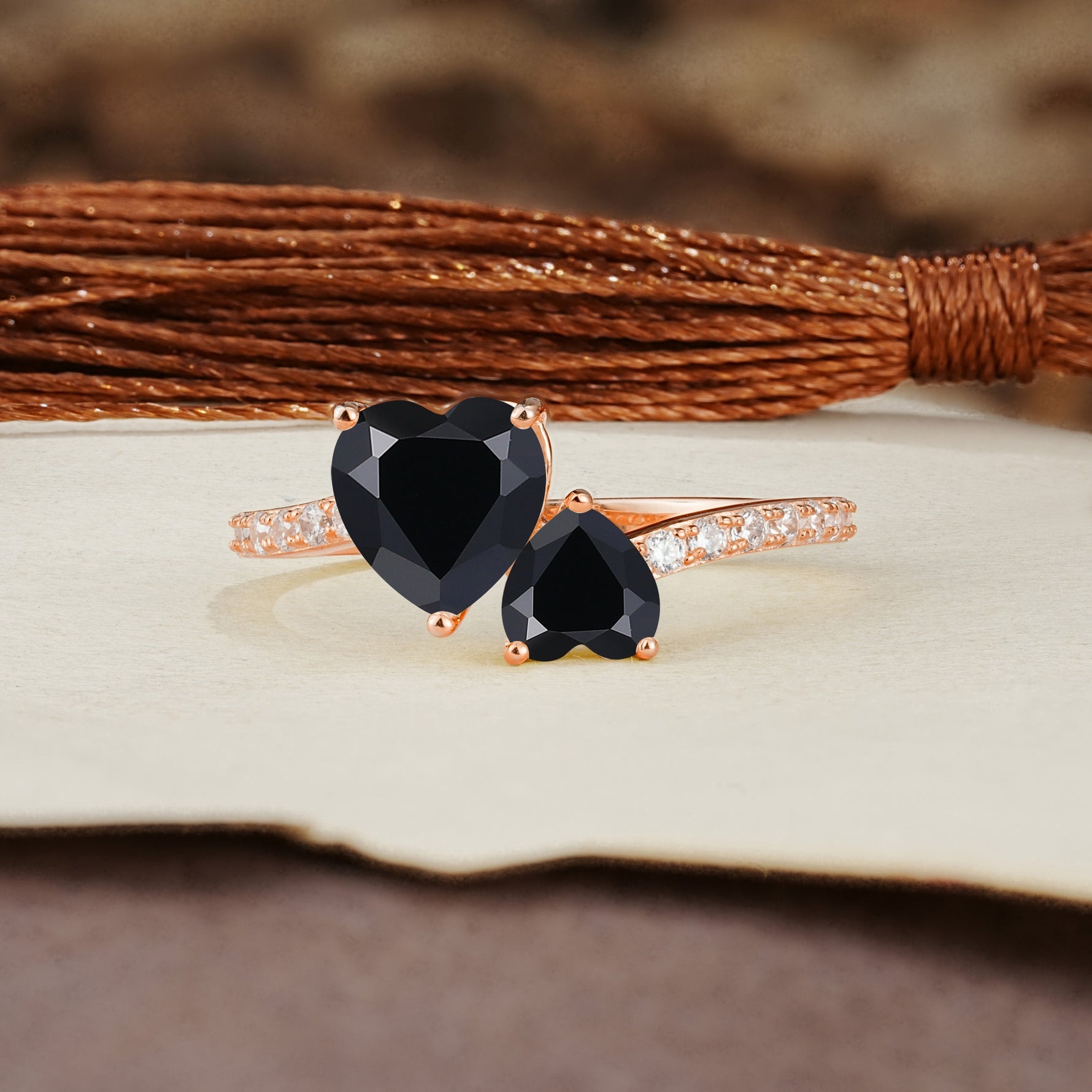 Unique Classic 3-Prong Heart Cut Black OnyxTwo Stones Engagement Ring - Additional view