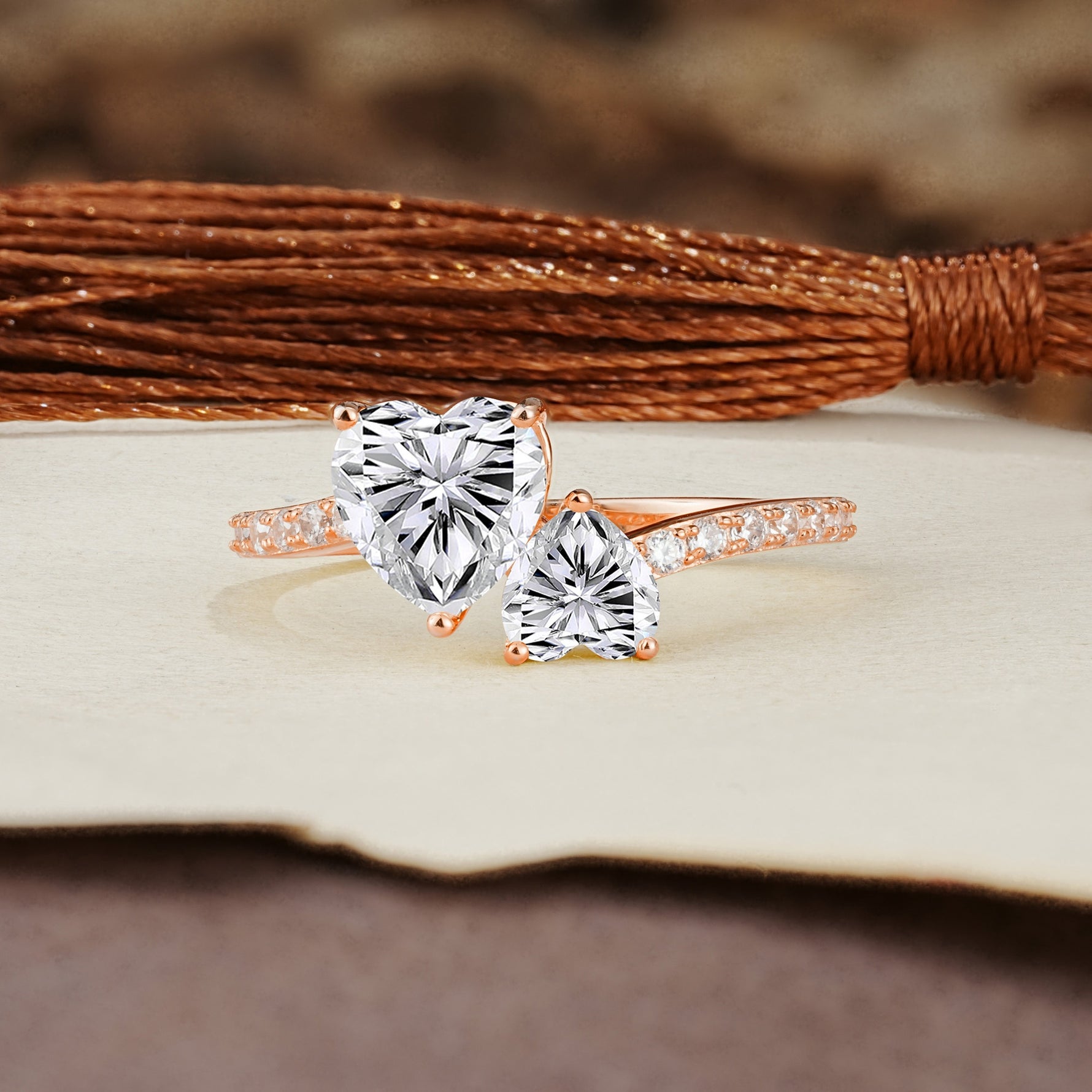 Unique Classic 3-Prong Heart Cut Lab DiamondTwo Stones Engagement Ring - Additional view