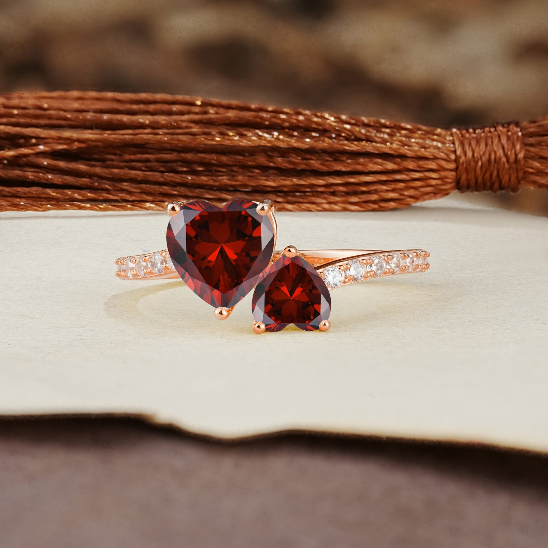 Unique Classic 3-Prong Heart Cut GarnetTwo Stones Engagement Ring - Additional view