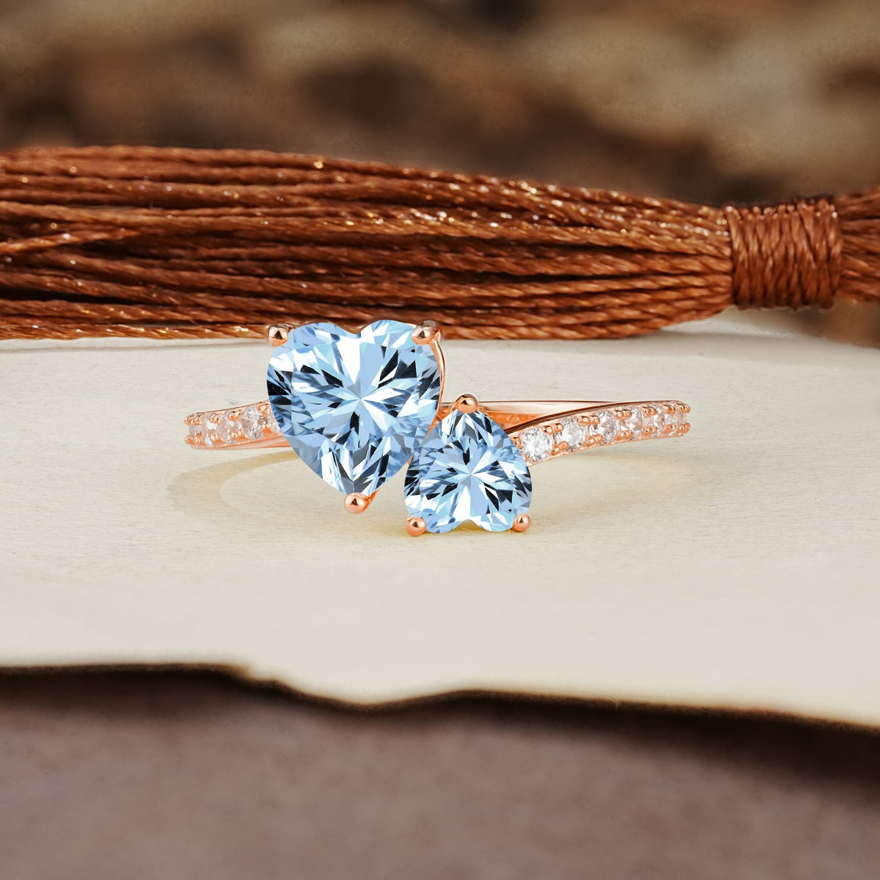 Unique Classic 3-Prong Heart Cut AquamarineTwo Stones Engagement Ring - Additional view