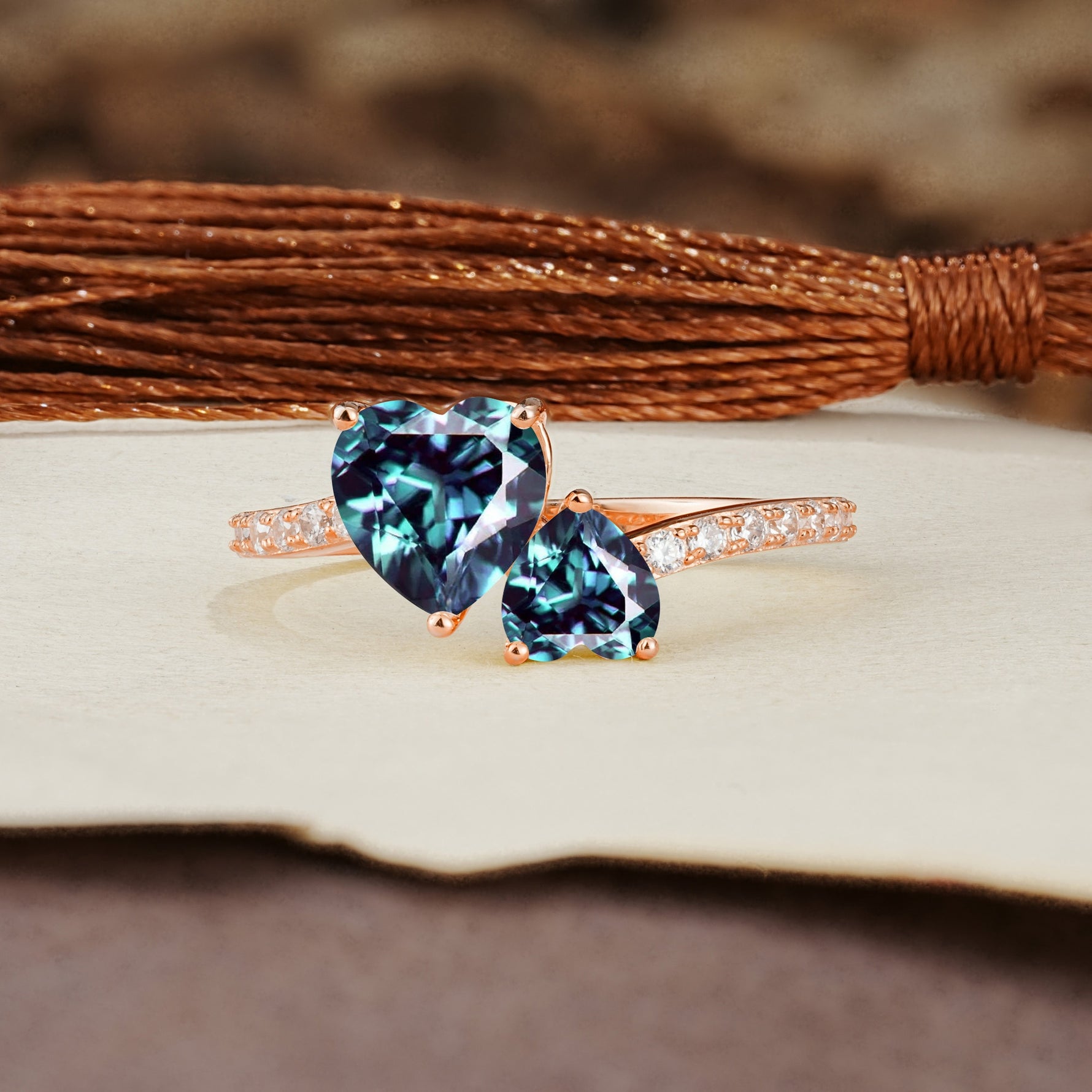 Unique Classic 3-Prong Heart Cut AlexandriteTwo Stones Engagement Ring - Additional view