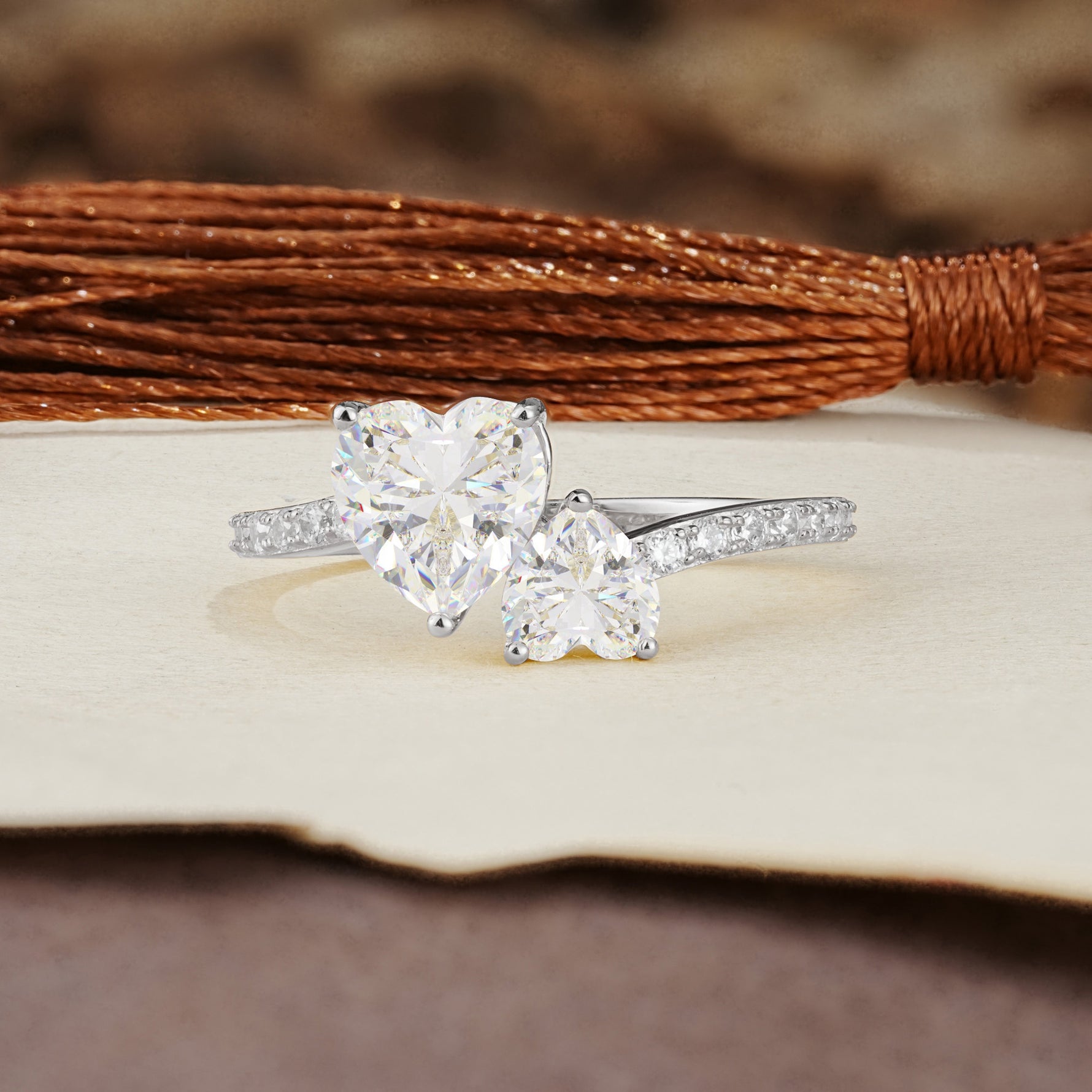 Unique Classic 3-Prong Heart Cut MoissaniteTwo Stones Engagement Ring - Additional view
