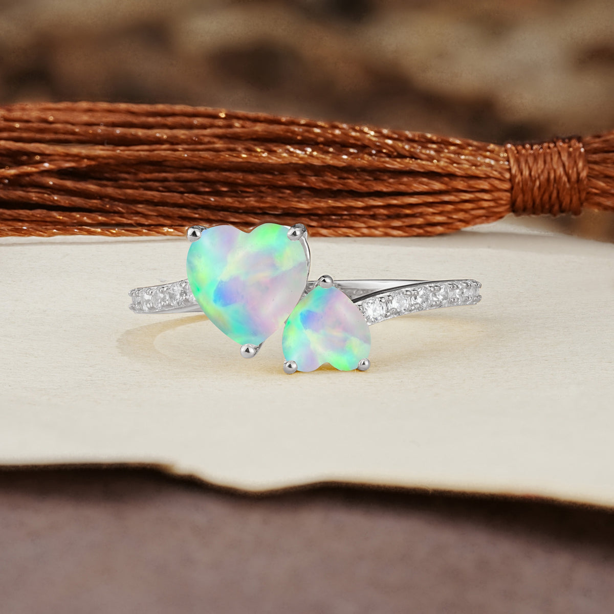 Unique Classic 3-Prong Heart Cut Fire OpalTwo Stones Engagement Ring - Additional view
