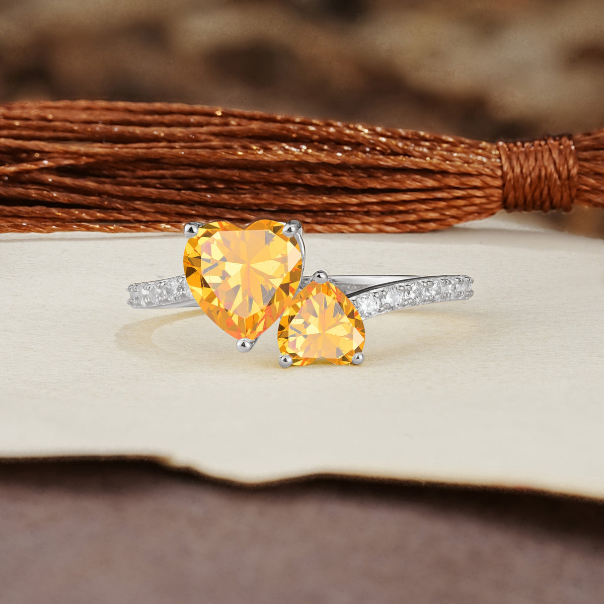 Unique Classic 3-Prong Heart Cut CitrineTwo Stones Engagement Ring - Additional view