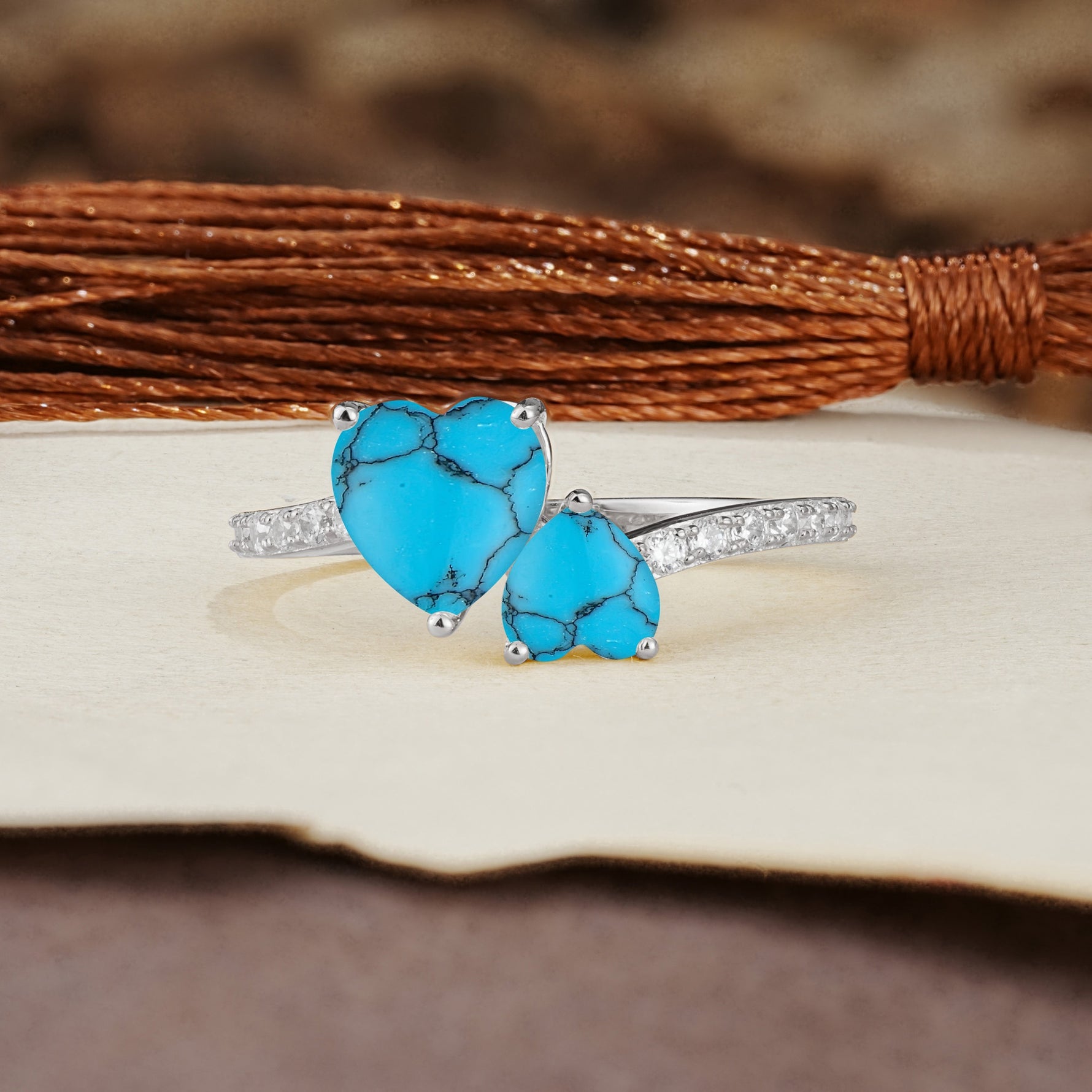Unique Classic 3-Prong Heart Cut TurquoiseTwo Stones Engagement Ring - Additional view