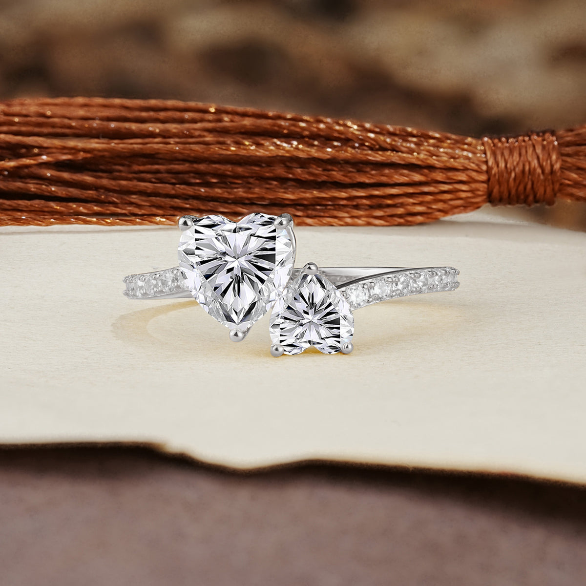 Unique Classic 3-Prong Heart Cut Lab DiamondTwo Stones Engagement Ring - Additional view