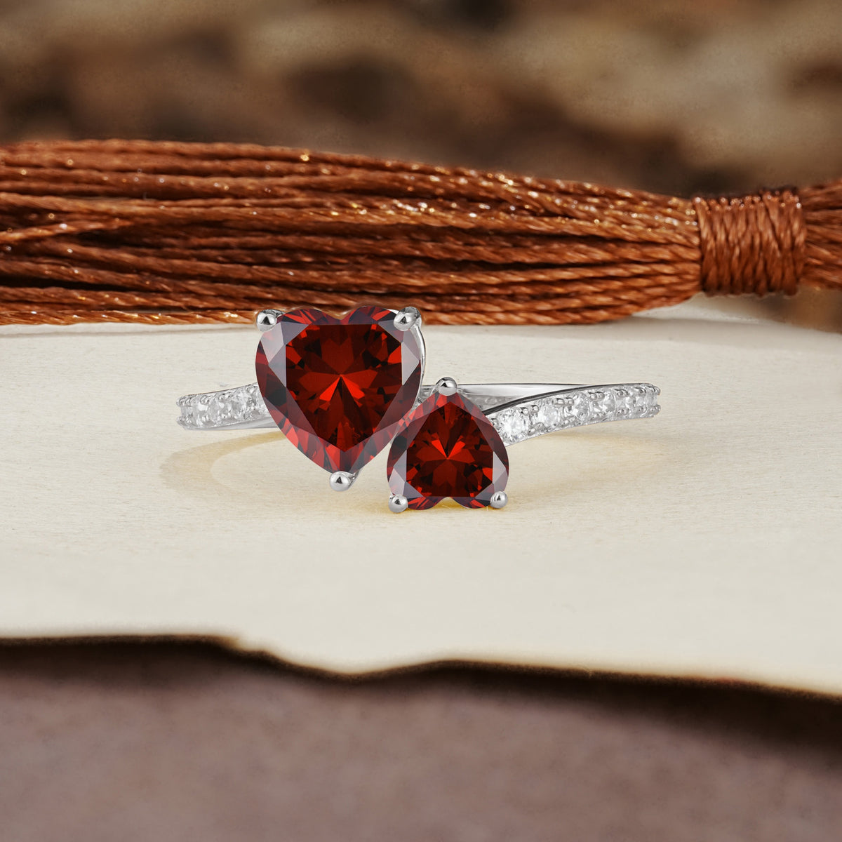 Unique Classic 3-Prong Heart Cut GarnetTwo Stones Engagement Ring - Additional view