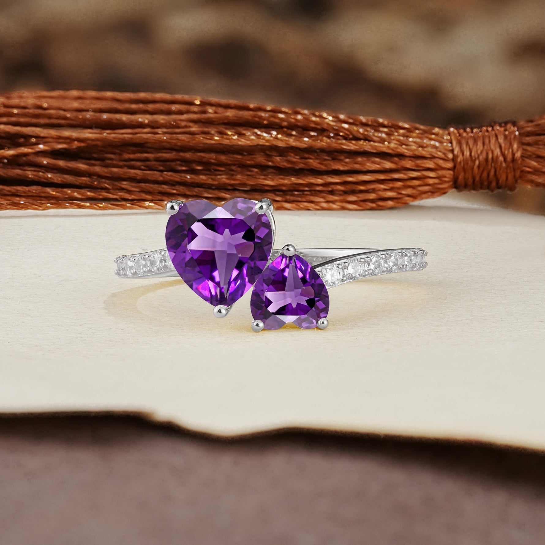 Unique Classic 3-Prong Heart Cut AmethystTwo Stones Engagement Ring - Additional view