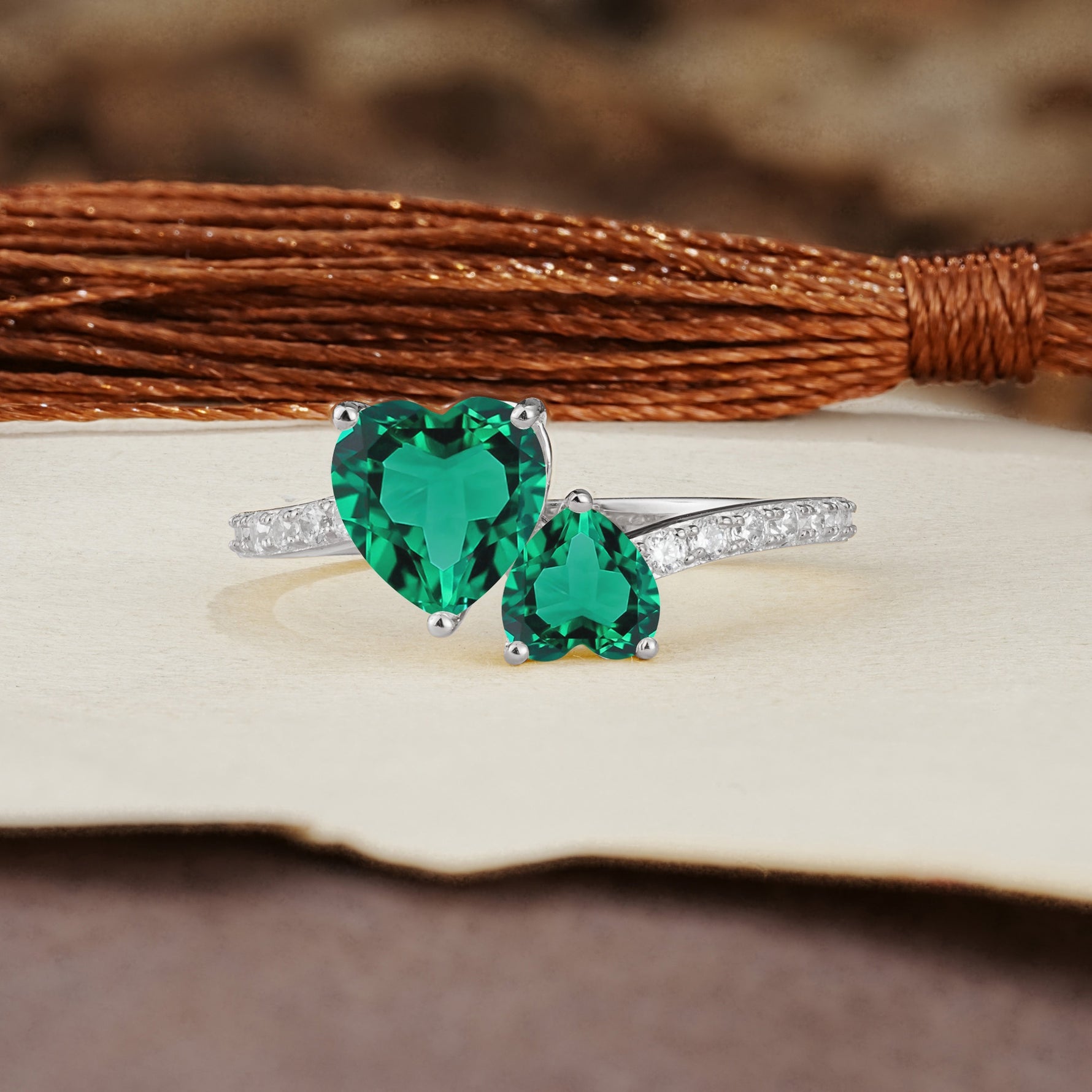 Unique Classic 3-Prong Heart Cut EmeraldTwo Stones Engagement Ring - Additional view