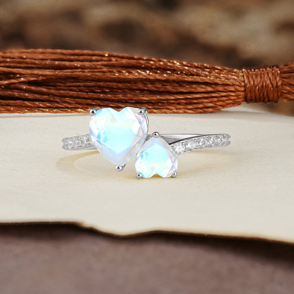 Unique Classic 3-Prong Heart Cut MoonstoneTwo Stones Engagement Ring - Additional view