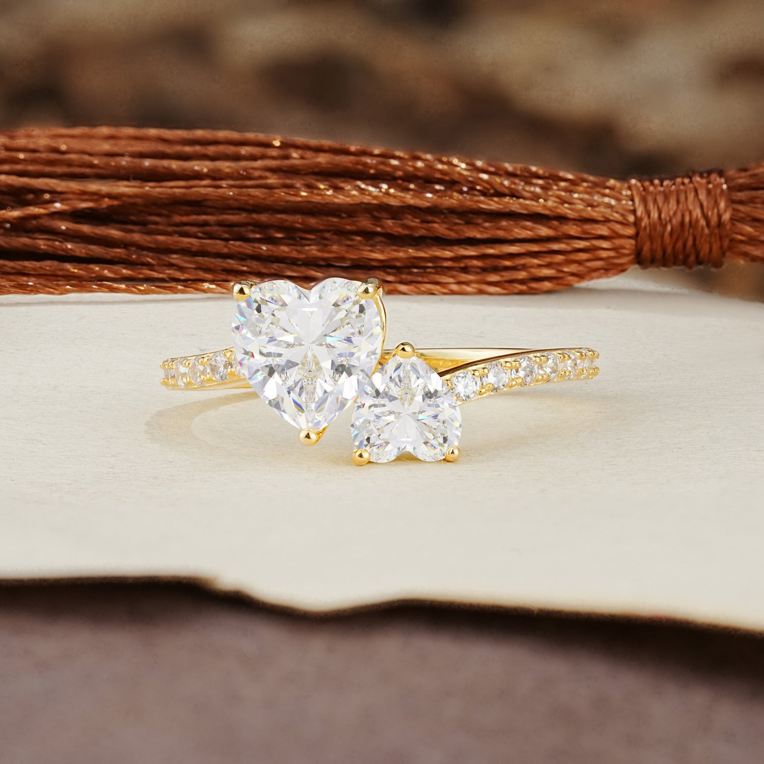 Unique Classic 3-Prong Heart Cut MoissaniteTwo Stones Engagement Ring - Additional view