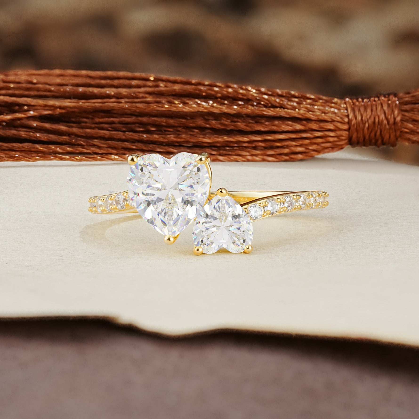 Unique Classic 3-Prong Heart Cut MoissaniteTwo Stones Engagement Ring - Additional view