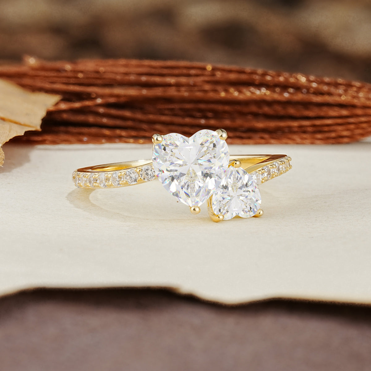 Unique Classic 3-Prong Heart Cut MoissaniteTwo Stones Engagement Ring - Additional view