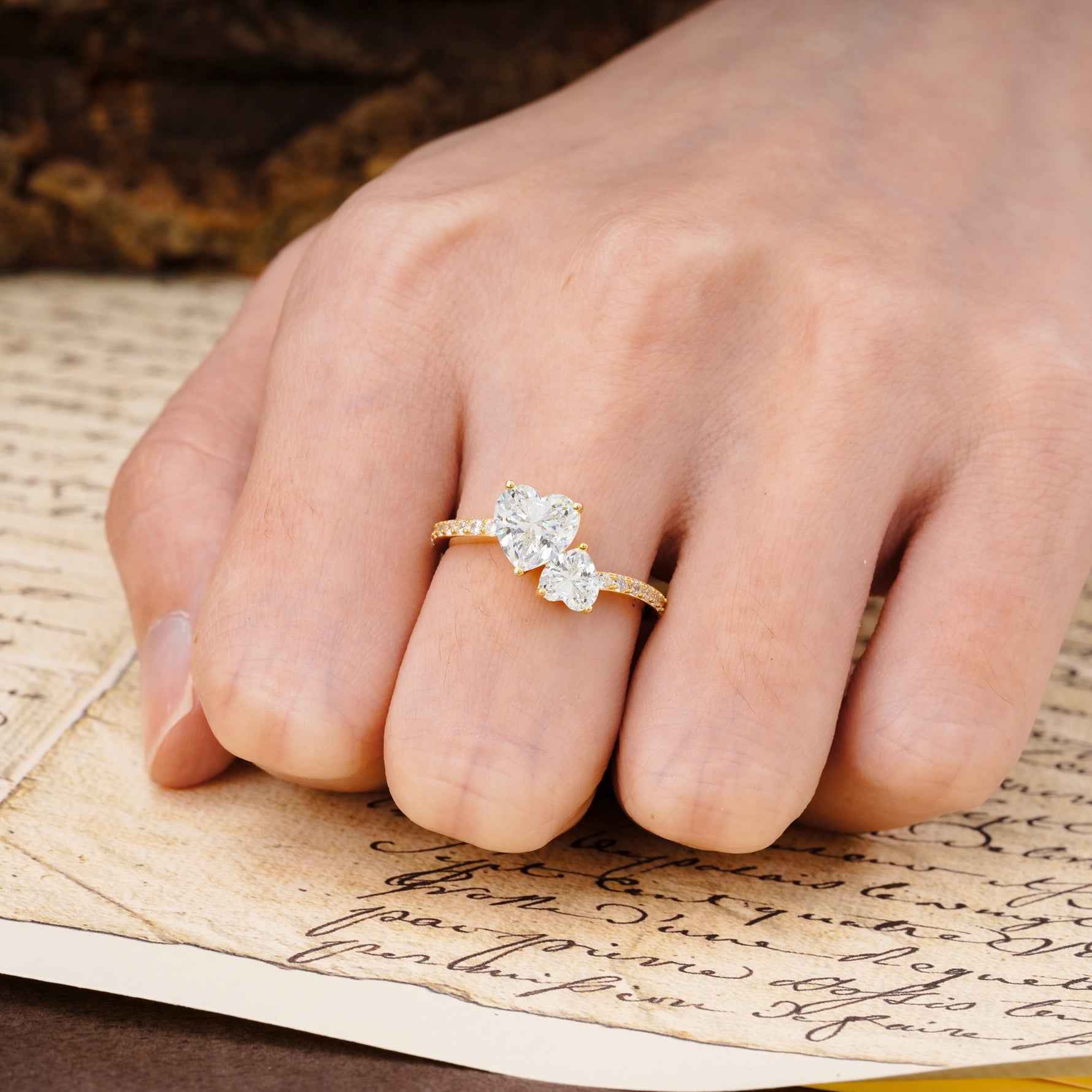 Unique Classic 3-Prong Heart Cut MoissaniteTwo Stones Engagement Ring - Additional view