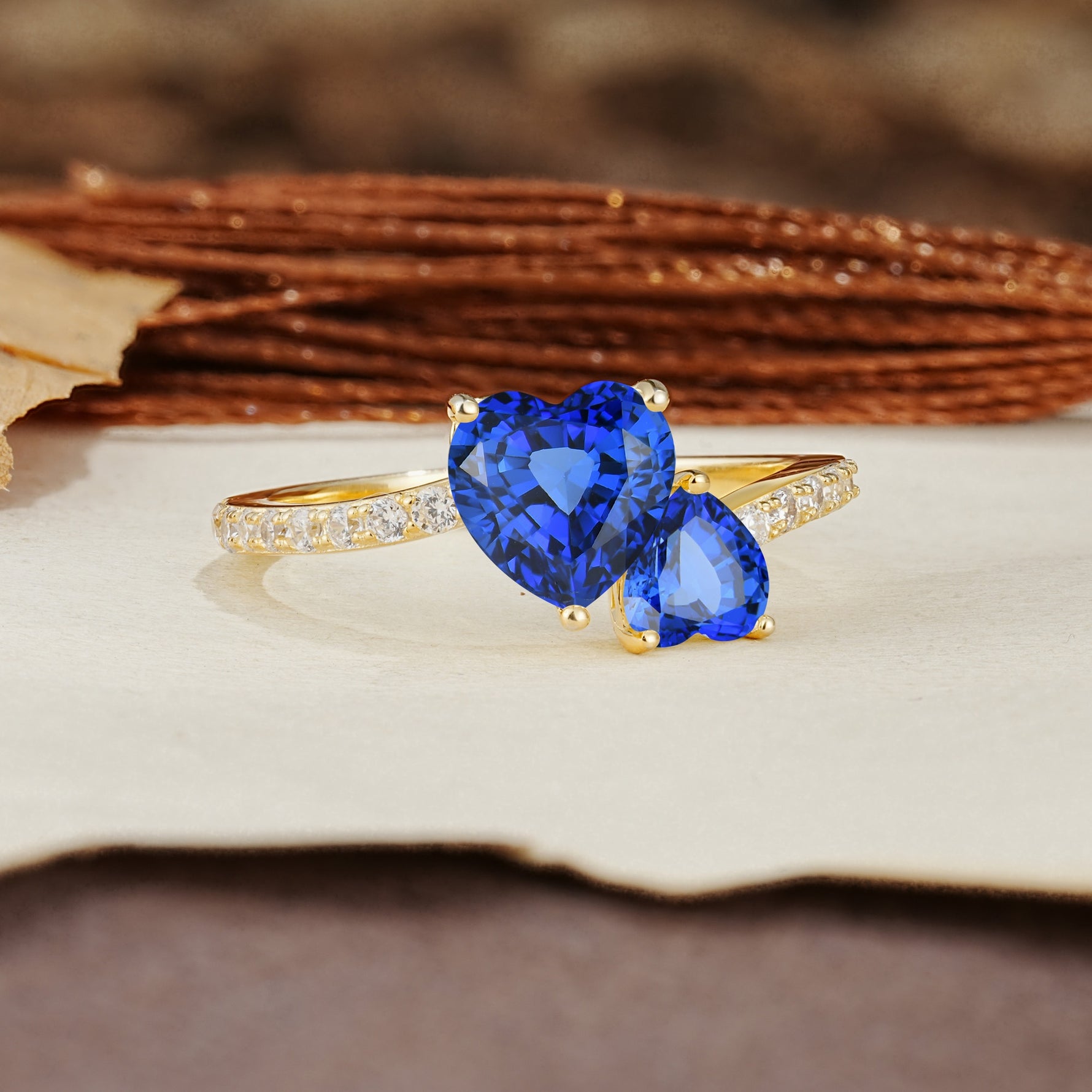 Unique Classic 3-Prong Heart Cut SapphireTwo Stones Engagement Ring - Additional view
