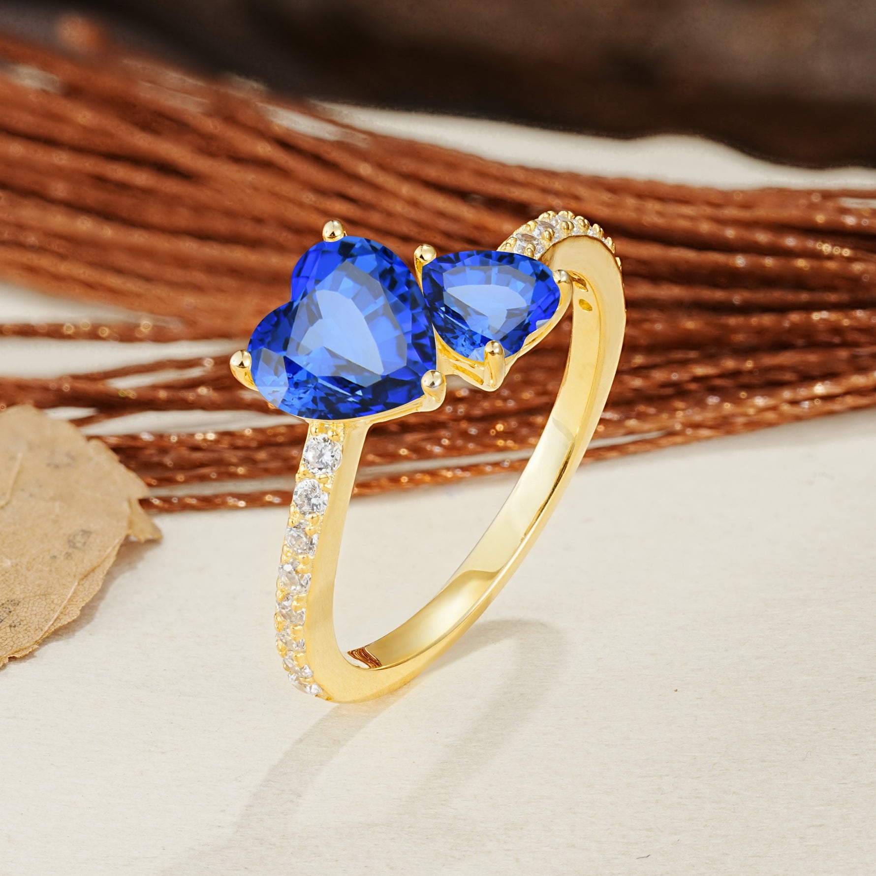 Unique Classic 3-Prong Heart Cut SapphireTwo Stones Engagement Ring - Additional view