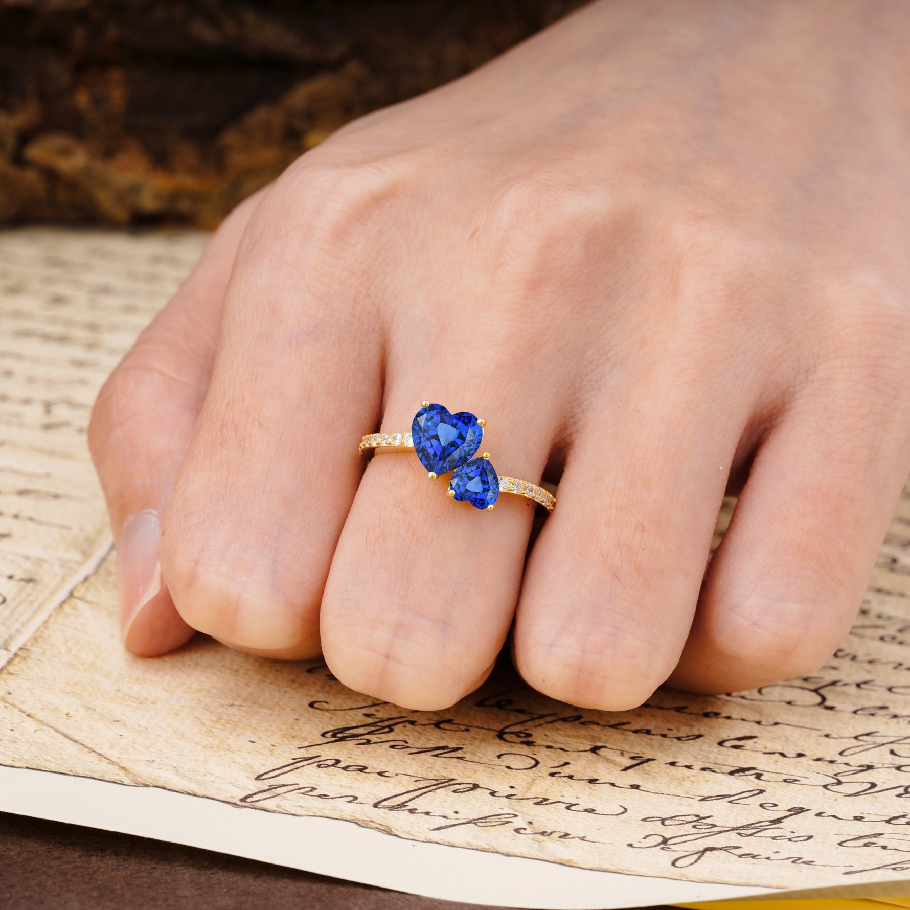 Unique Classic 3-Prong Heart Cut SapphireTwo Stones Engagement Ring - Additional view