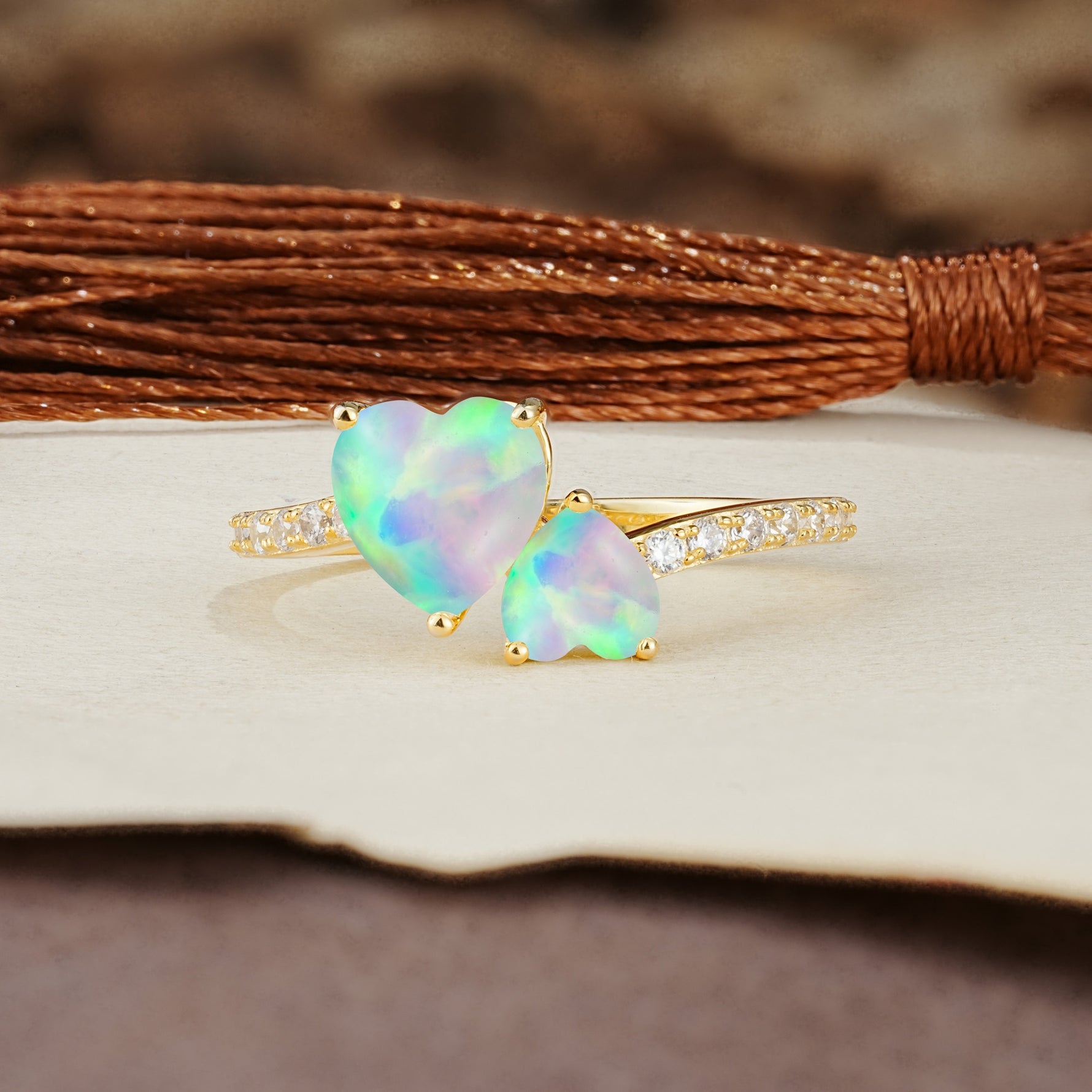 Unique Classic 3-Prong Heart Cut Fire OpalTwo Stones Engagement Ring - Additional view